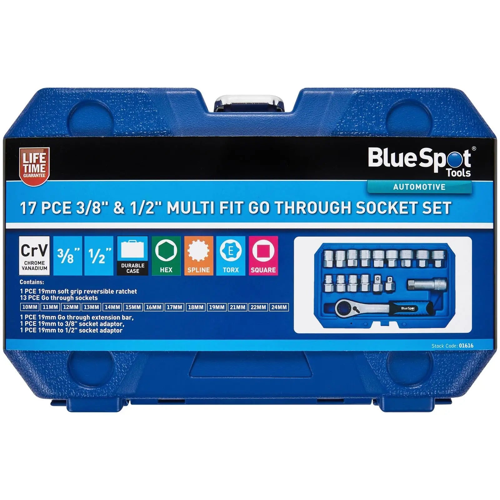 BlueSpot Go Through Multi Fit Socket Set 3/8" and 1/2" Drive 10-24mm 17 Piece  White Rose Tools