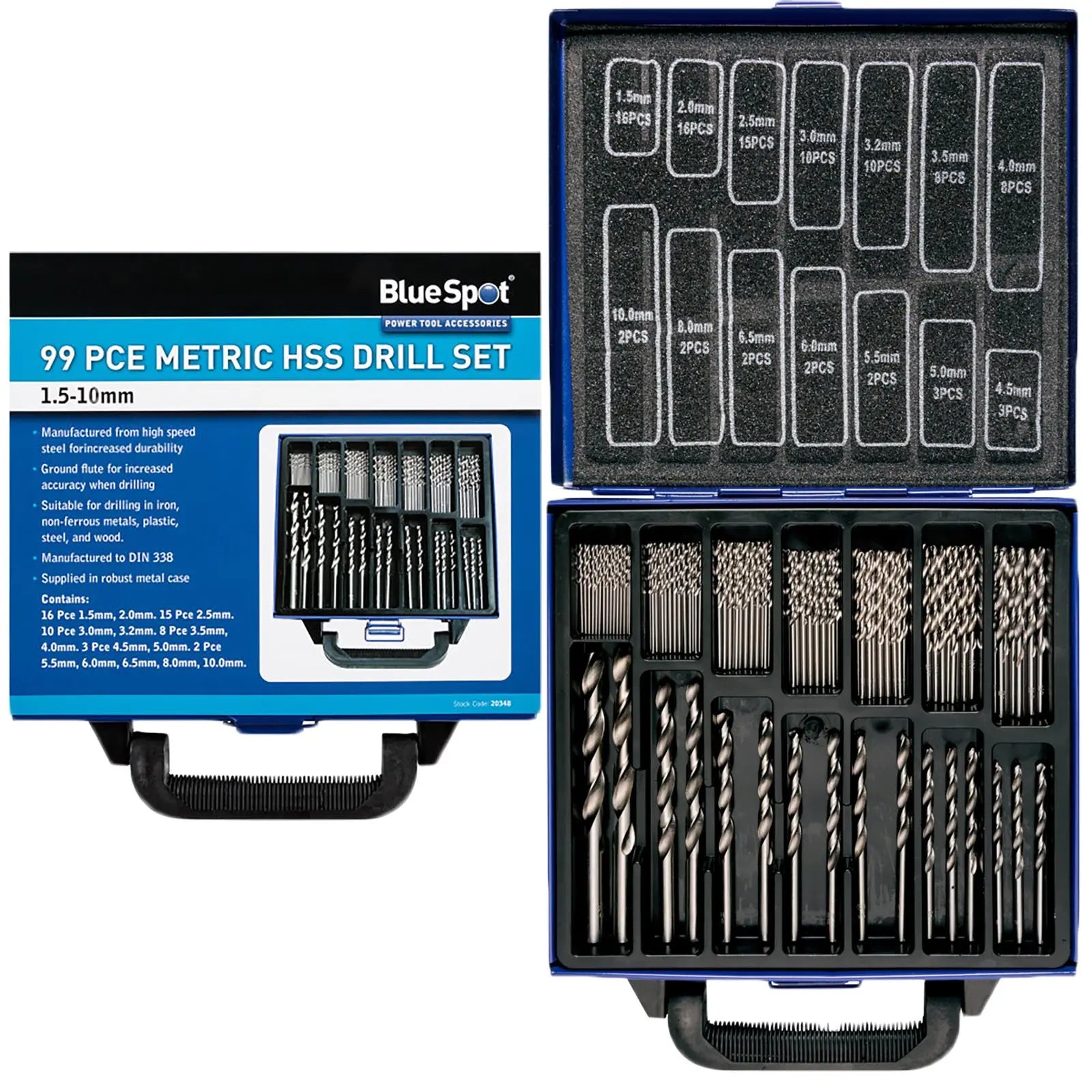 BlueSpot HSS Drill Bit Set 99 Piece 1.5mm-10mm in Metal Case 