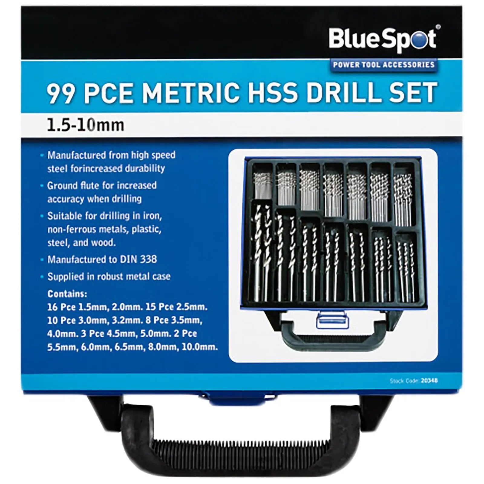 BlueSpot HSS Drill Bit Set 99 Piece 1.5mm-10mm in Metal Case 