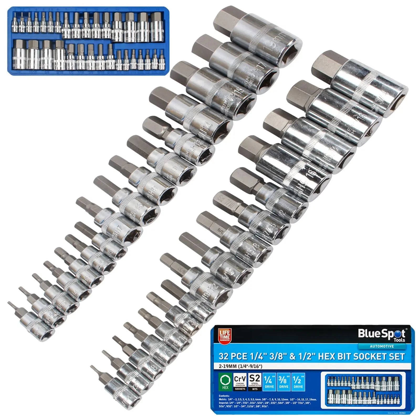 BlueSpot Hex Bit Socket Set 32 Piece 1/4" 3/8" 1/2" Drive Metric and Imperial 