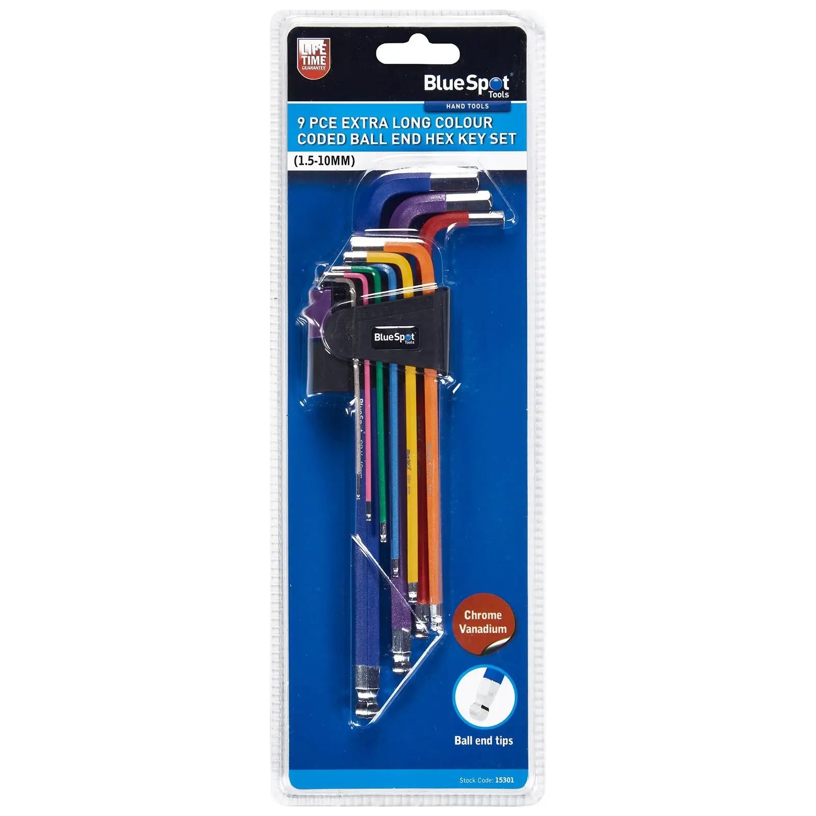 BlueSpot Hex Key Set Extra Long Colour Coded Ball End 1.5-10mm 9 Piece 