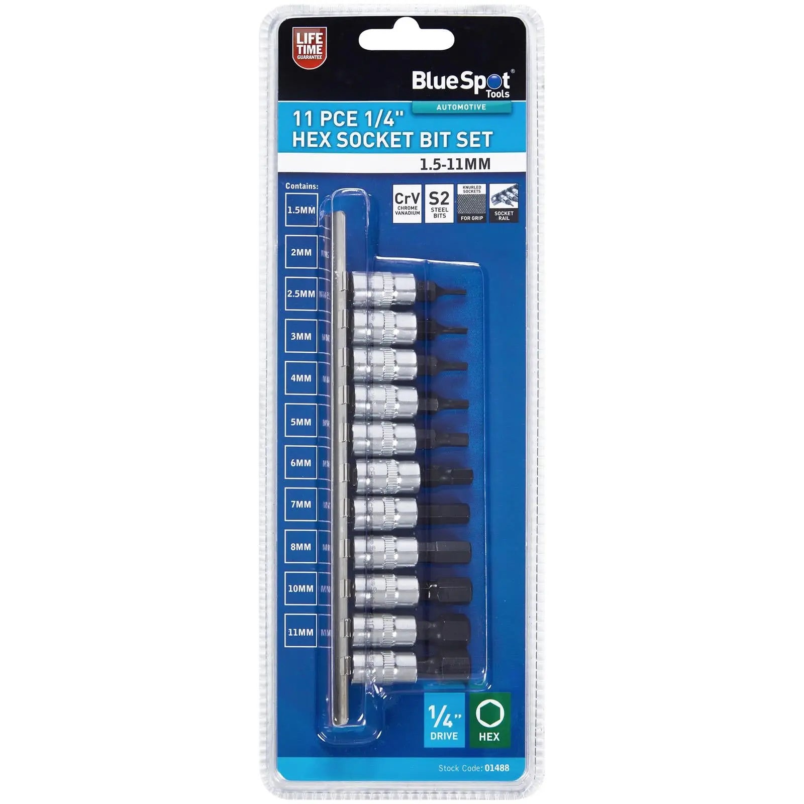 BlueSpot Hex Socket Bit Set 1/4" Drive on Socket Rail 1.5-11mm 11 Piece  White Rose Tools
