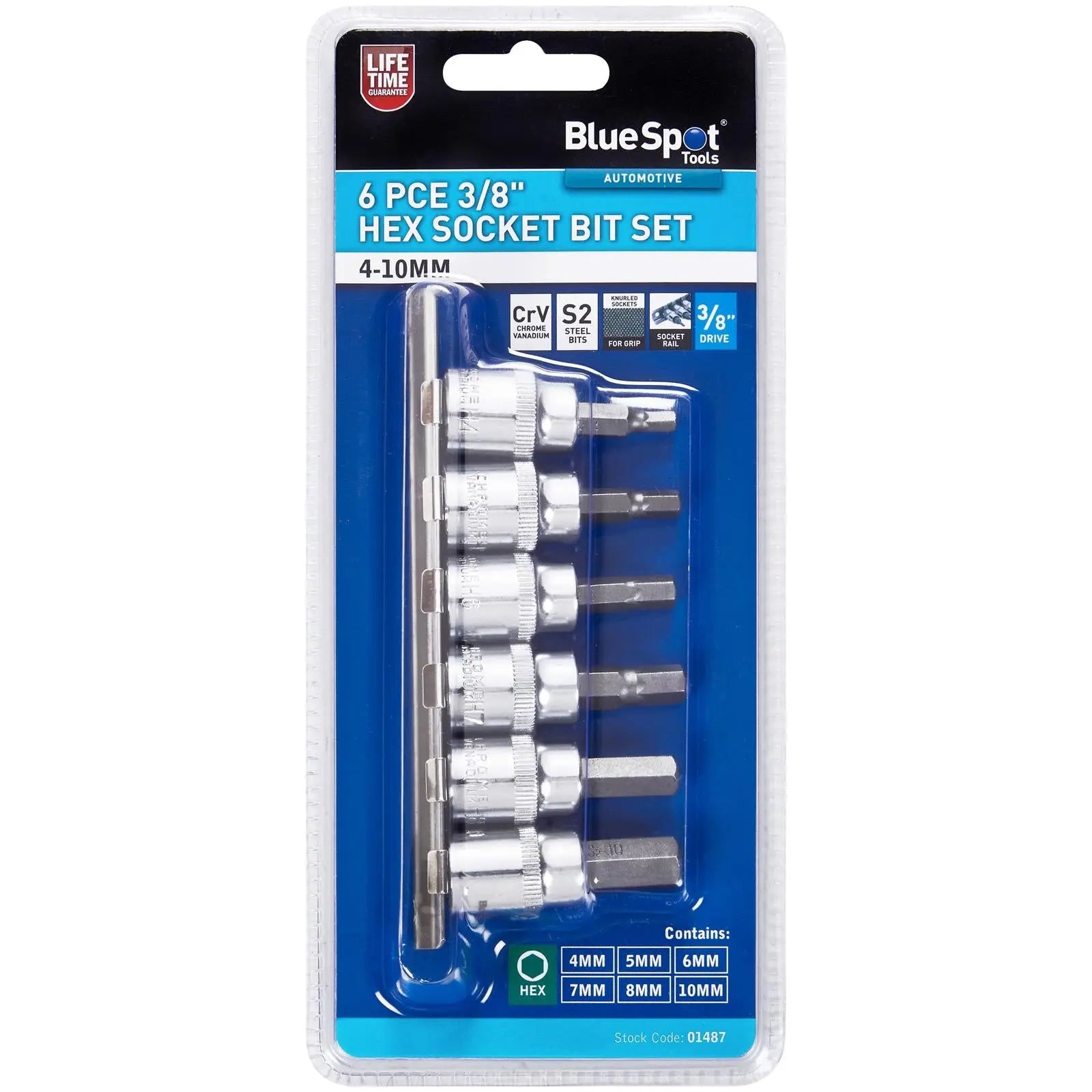 BlueSpot Hex Socket Bit Set 3/8" Drive on Socket Rail 4-10mm 6 Piece  White Rose Tools