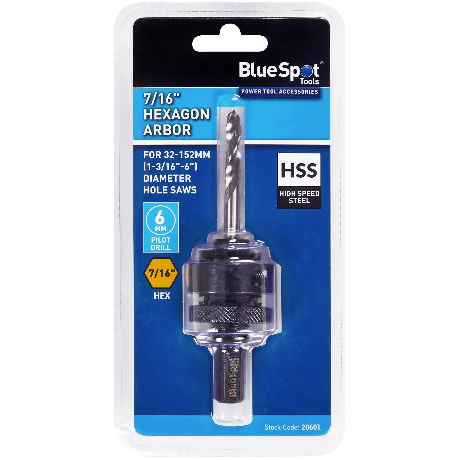 BlueSpot Hole Saw Arbor 7/16" Hex for 32-152mm Holesaws  White Rose Tools