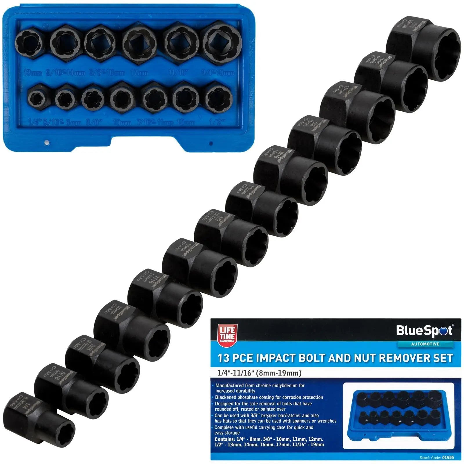 BlueSpot Impact Bolt and Nut Remover Set 13 Piece 8-19mm 1/4"-11/16 