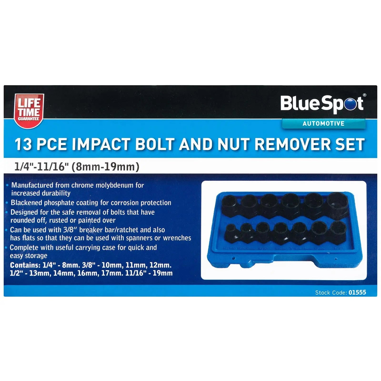 BlueSpot Impact Bolt and Nut Remover Set 13 Piece 8-19mm 1/4"-11/16 