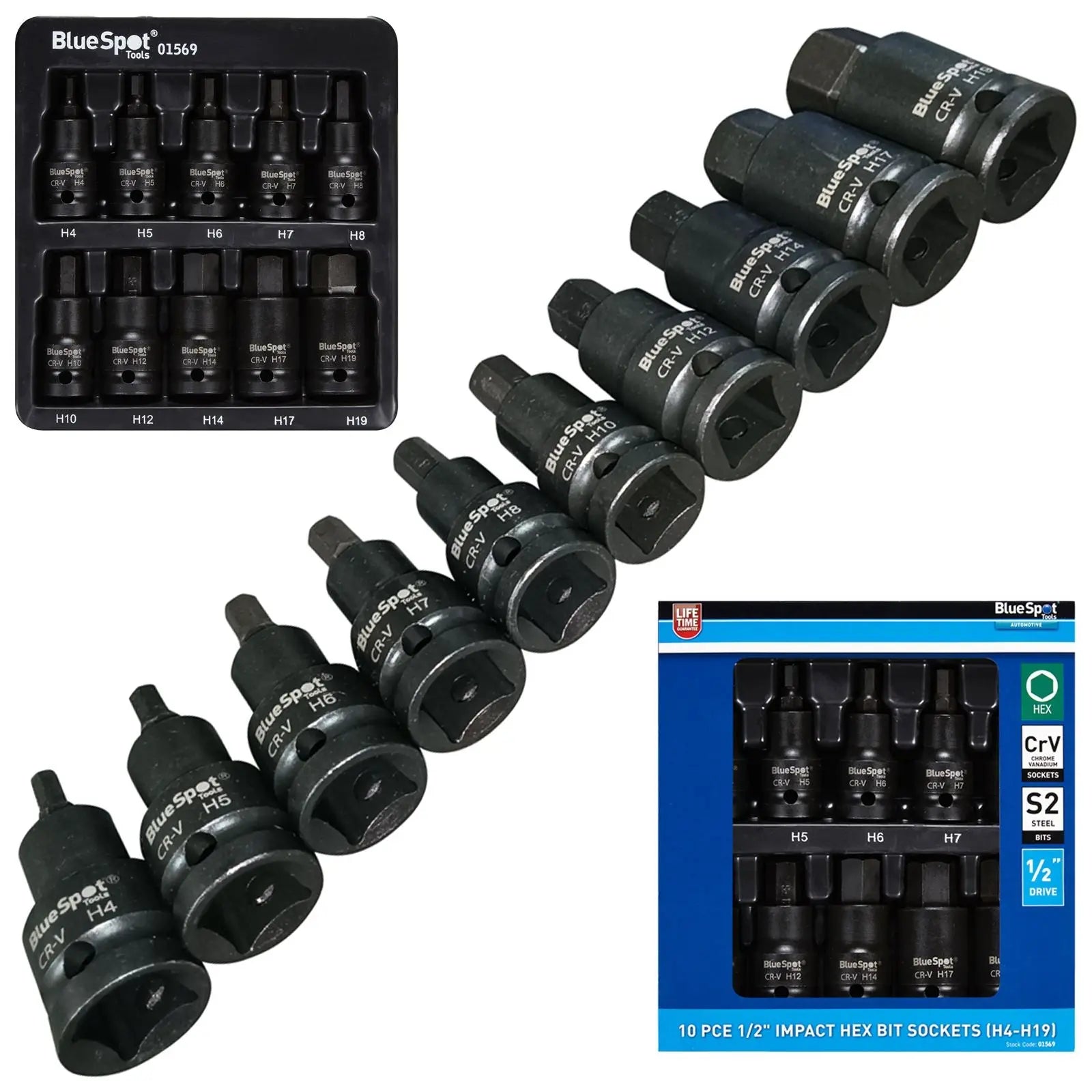 BlueSpot Impact Hex Bit Sockets 1/2" 10 Piece H4-H19 