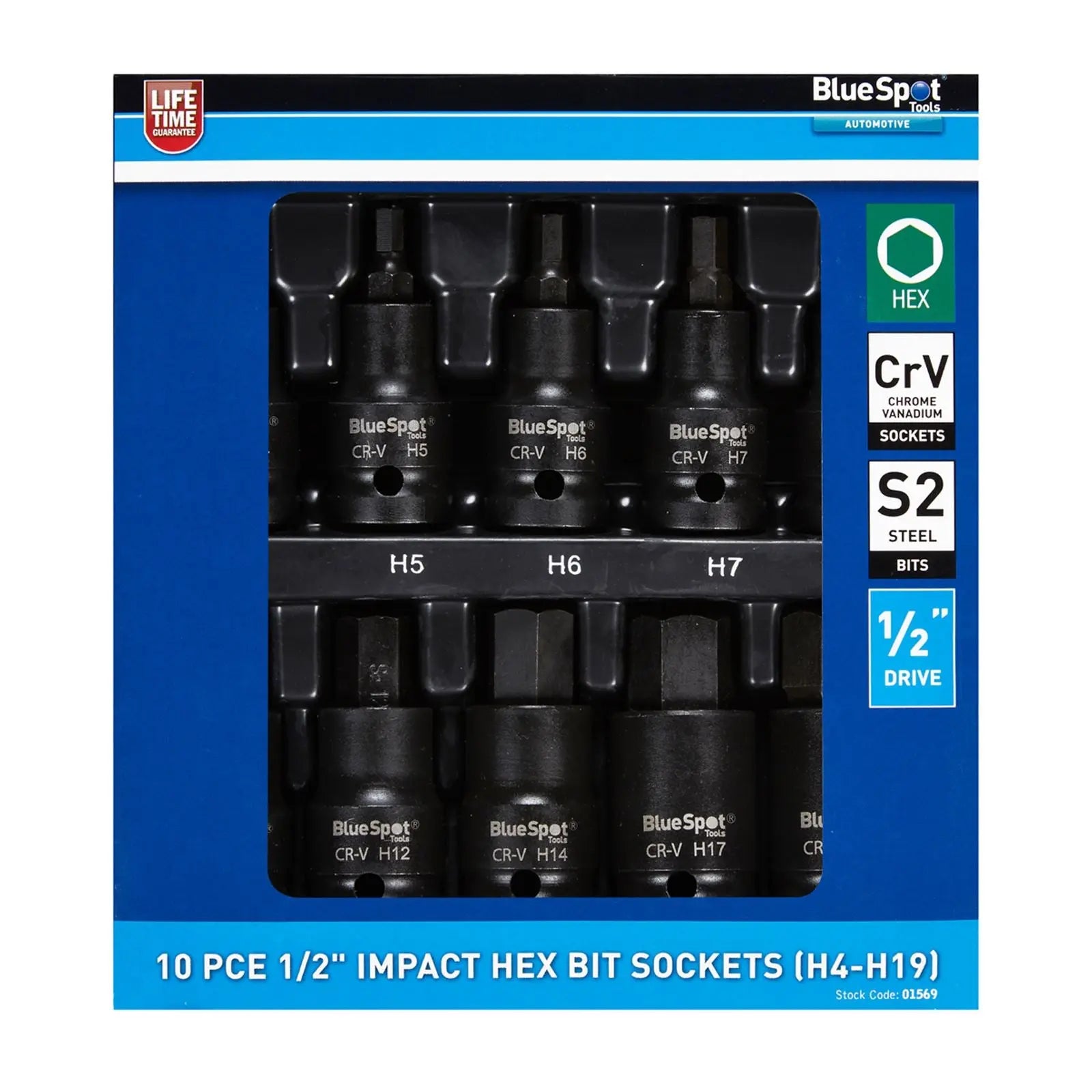 BlueSpot Impact Hex Bit Sockets 1/2" 10 Piece H4-H19 