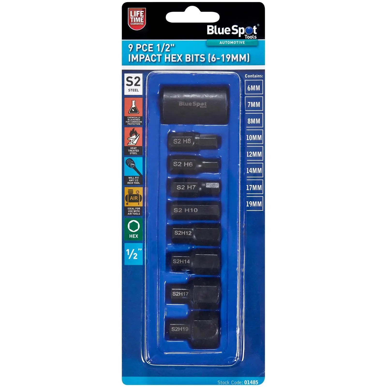 BlueSpot Impact Hex Socket Bits 1/2" Drive 6-19mm 9 Piece  White Rose Tools