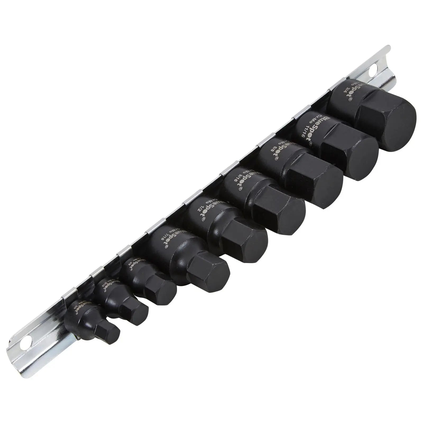 BlueSpot Impact Hex Socket Set Imperial AF Low Profile on Socket Rail 9 Pieces 1/4" 3/8" Drive  White Rose Tools