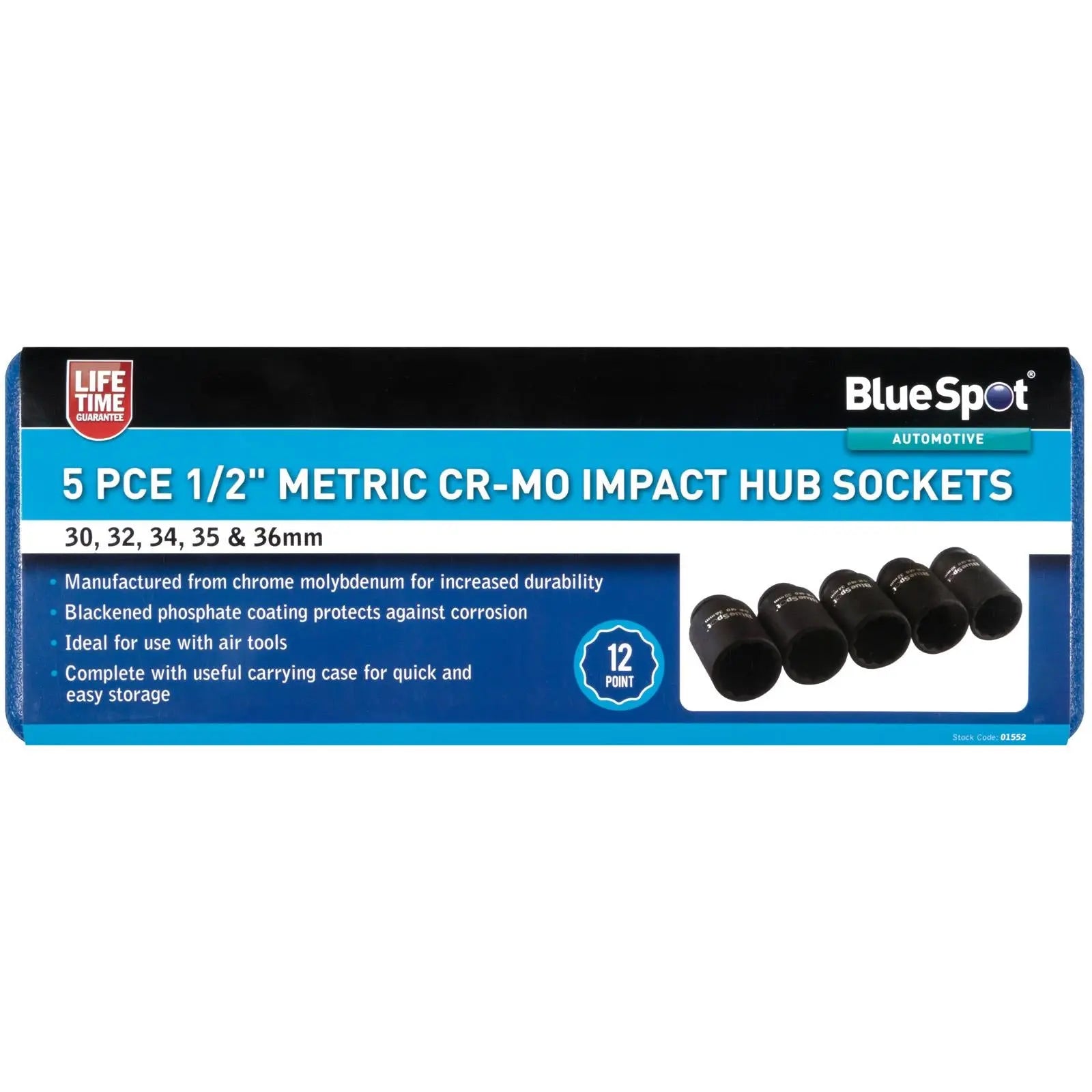 BlueSpot Impact Hub Socket Set 1/2" Drive Chrome Molybdenum 30-36mm 5 Piece  White Rose Tools