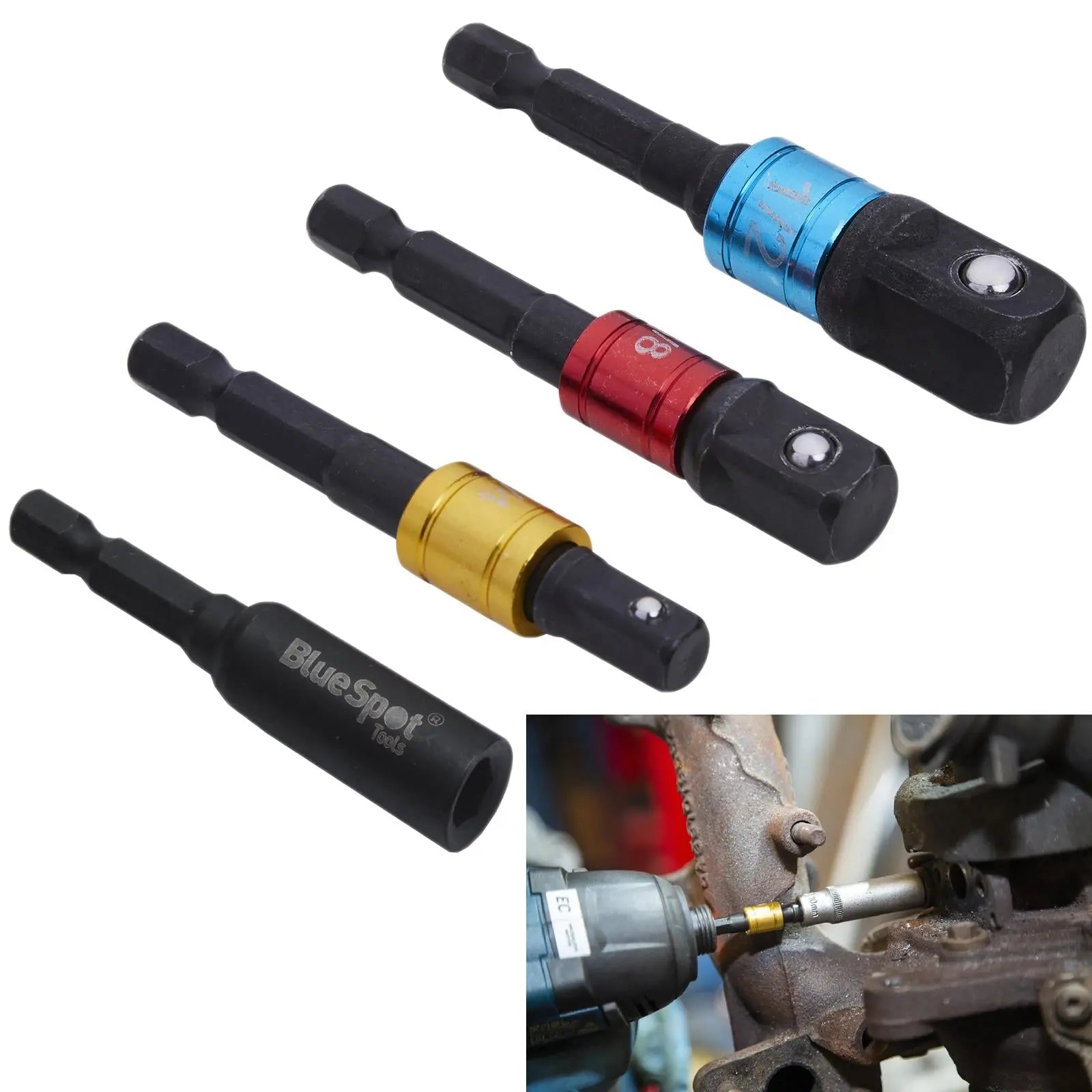 BlueSpot Impact Socket Adaptors Colour Coded 1/4" 3/8" 1/2" Drive and Bit Holder 