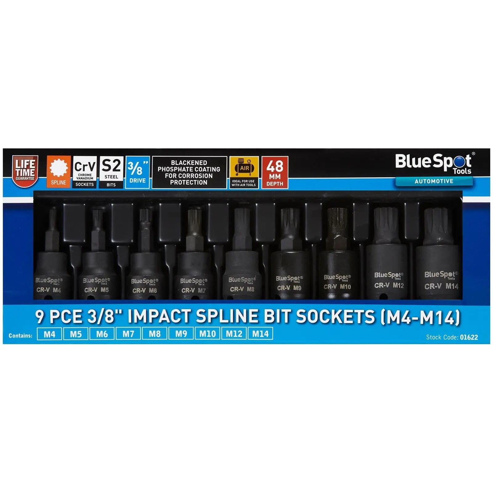 BlueSpot Impact Spline Socket Bit Set 3/8" Drive M4-M14 9 Piece  White Rose Tools