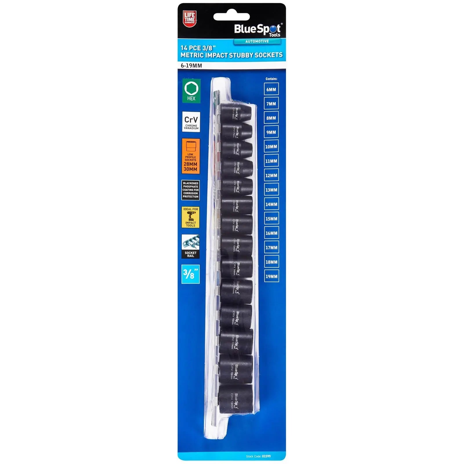 BlueSpot Impact Stubby Socket Set 3/8" Drive 6-19mm 14 Piece  White Rose Tools
