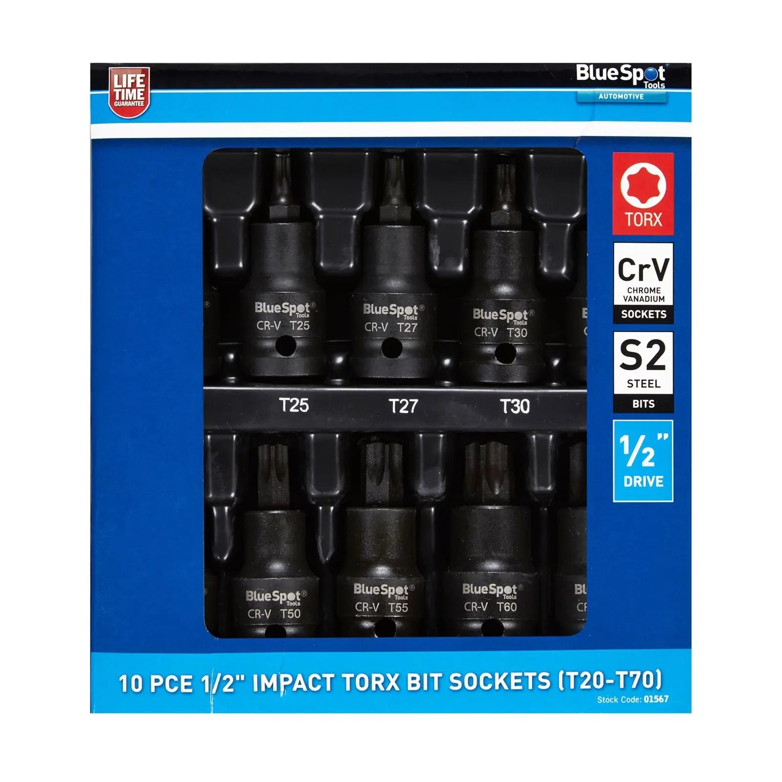 BlueSpot Impact Torx Bit Sockets 1/2" 10 Piece T20-T70 