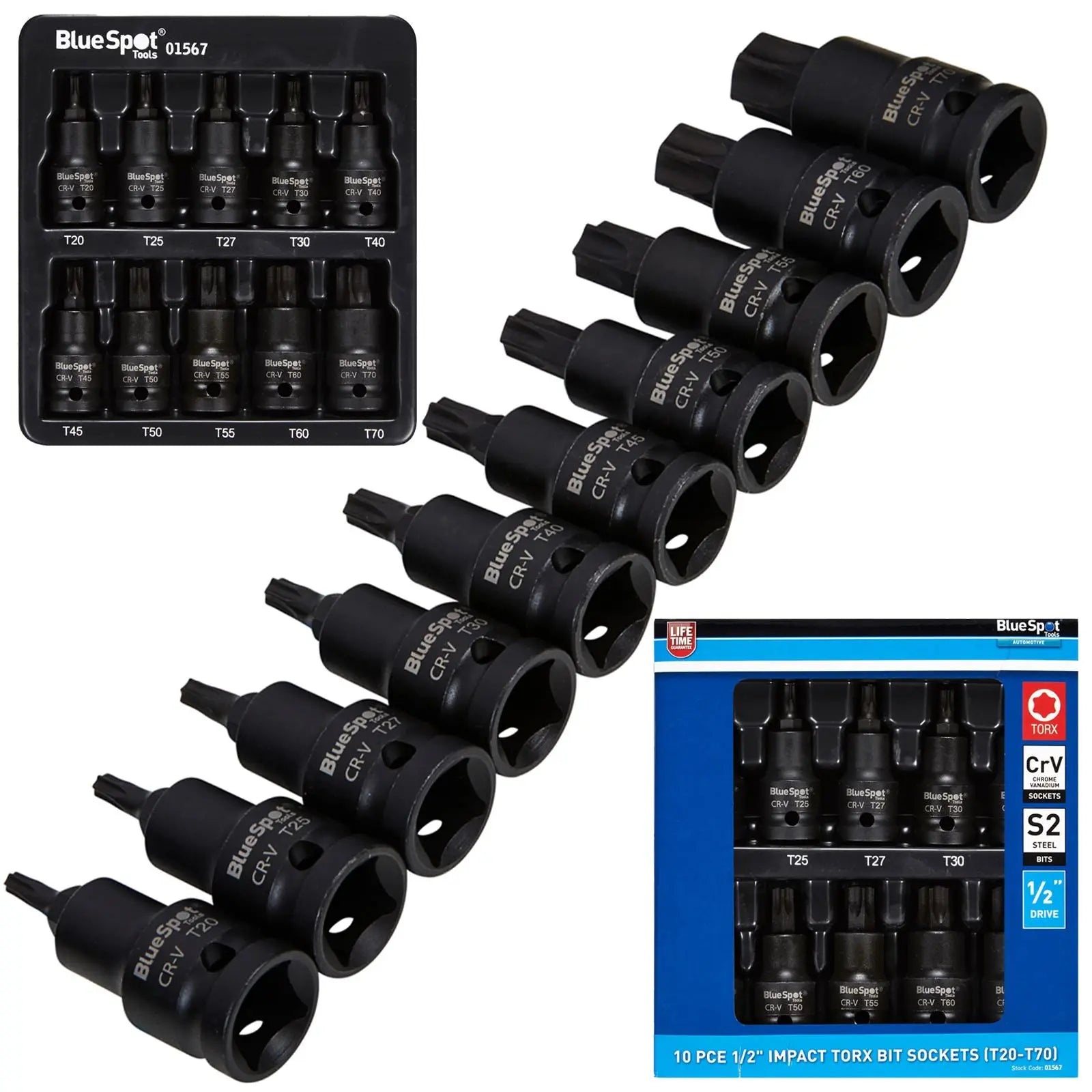 BlueSpot Impact Torx Bit Sockets 1/2" 10 Piece T20-T70 