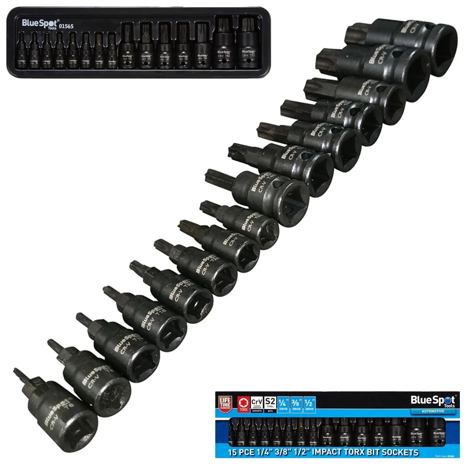 BlueSpot Impact Torx Bit Sockets 15 Piece 1/4" 3/8" 1/2" Drive 
