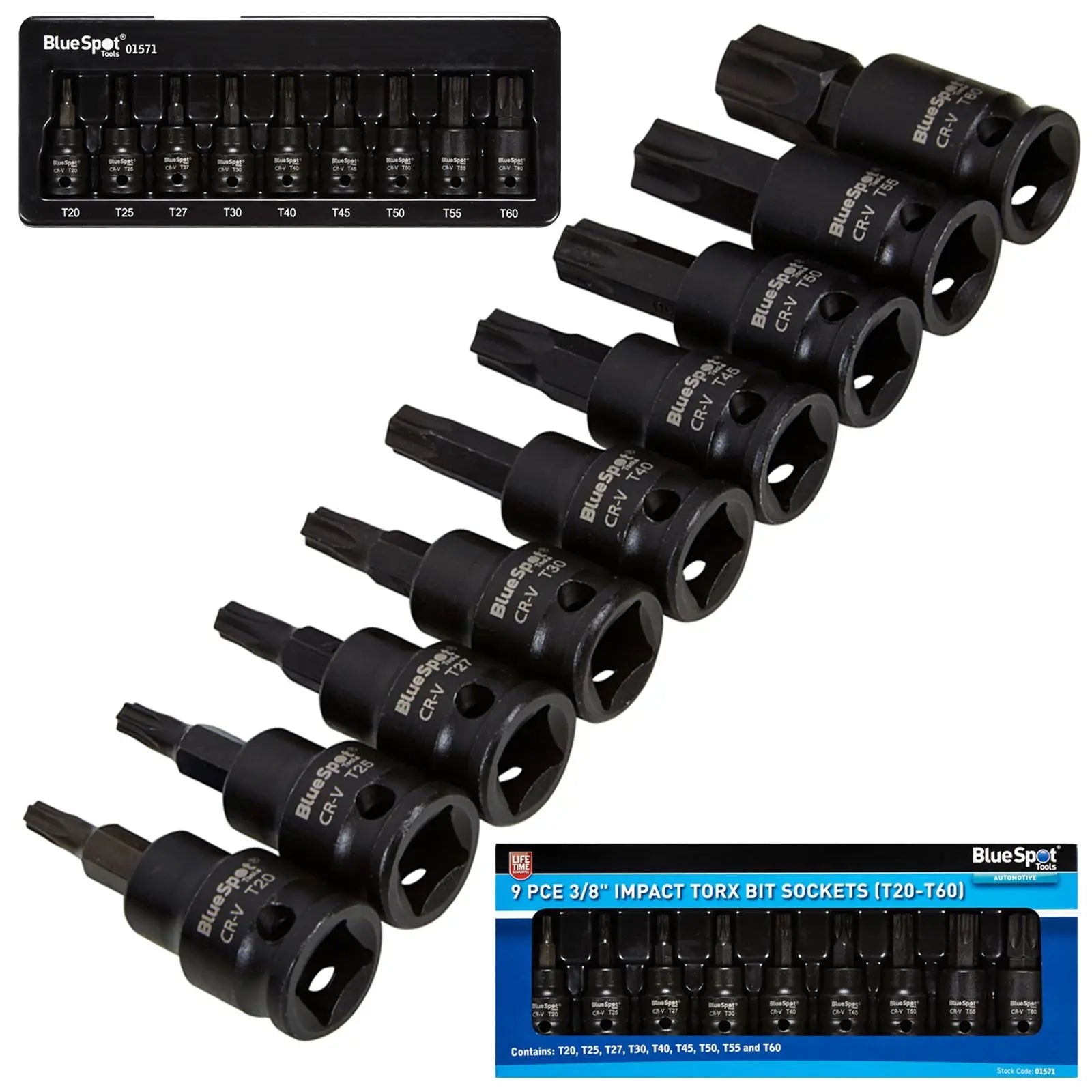 BlueSpot Impact Torx Bit Sockets 3/8" 9 Piece T20-T60 