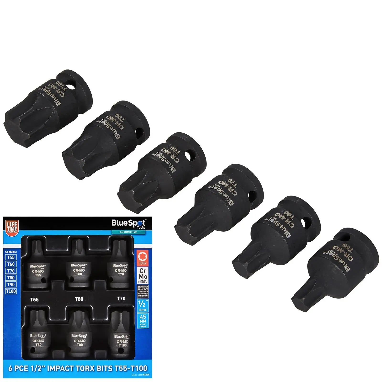 BlueSpot Impact Torx Socket Set 1/2" Drive T55-T100 6 Piece  White Rose Tools