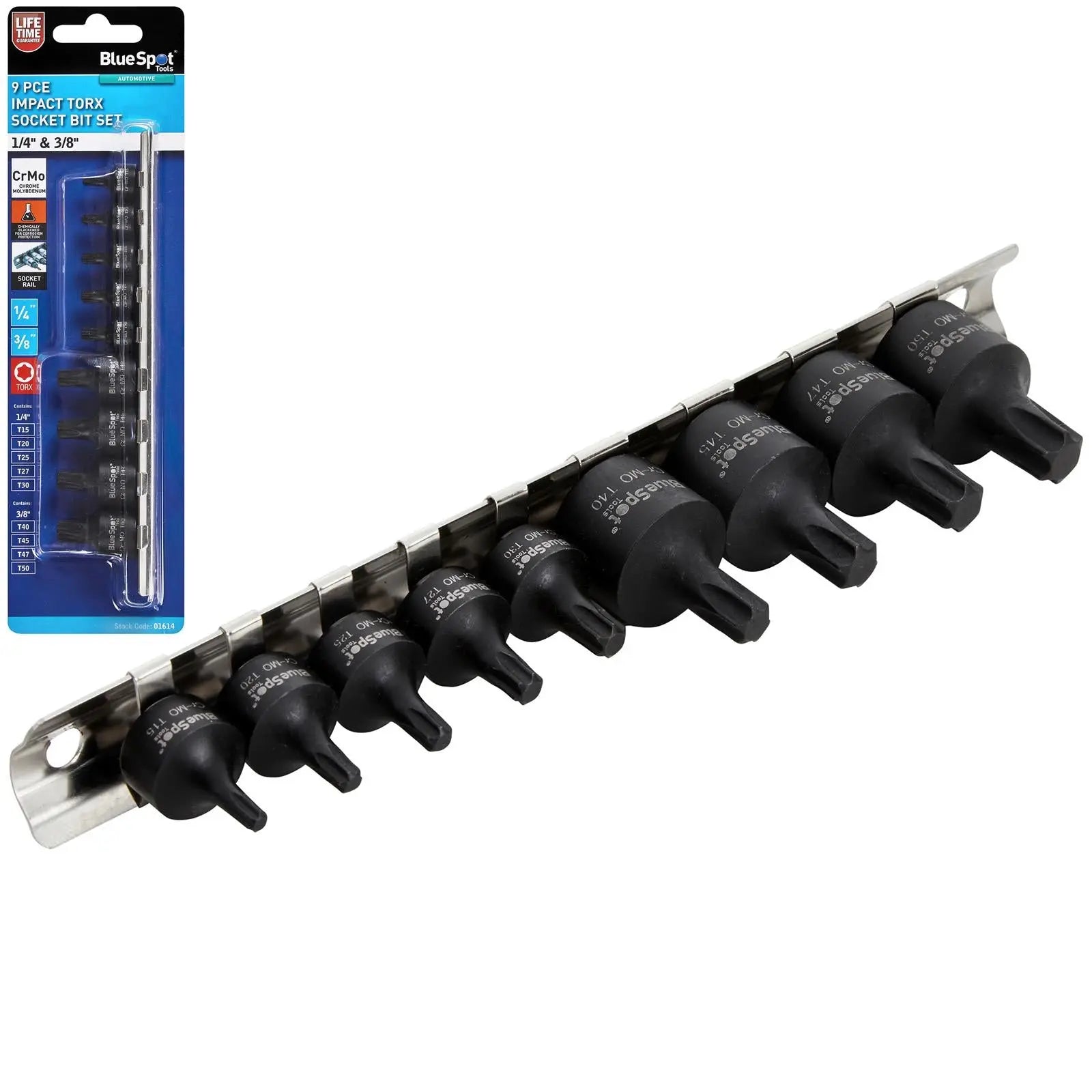 BlueSpot Impact Torx Socket Set 1/4" 3/8" Drive T15-T50 9 Piece on Socket Rail  White Rose Tools