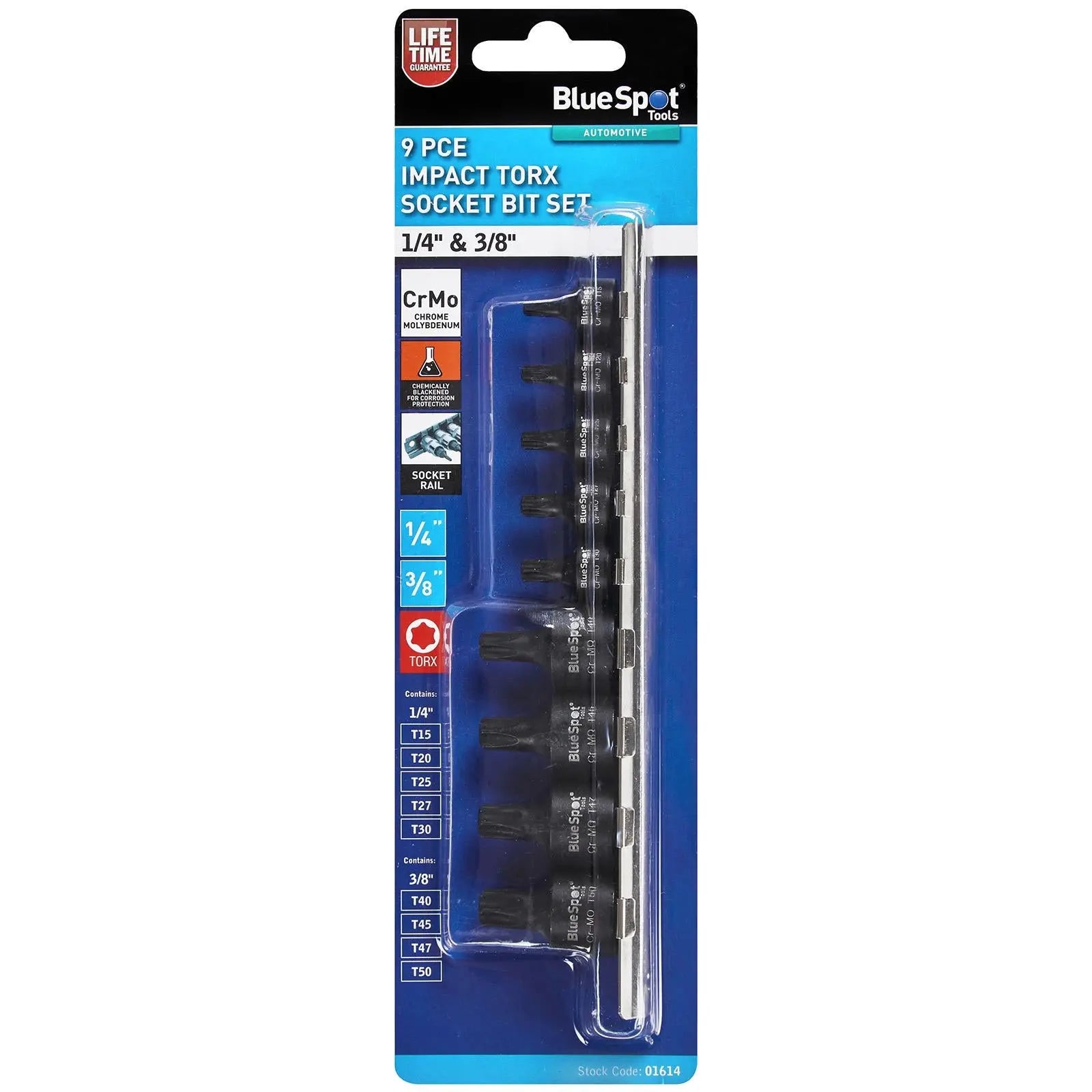 BlueSpot Impact Torx Socket Set 1/4" 3/8" Drive T15-T50 9 Piece on Socket Rail  White Rose Tools