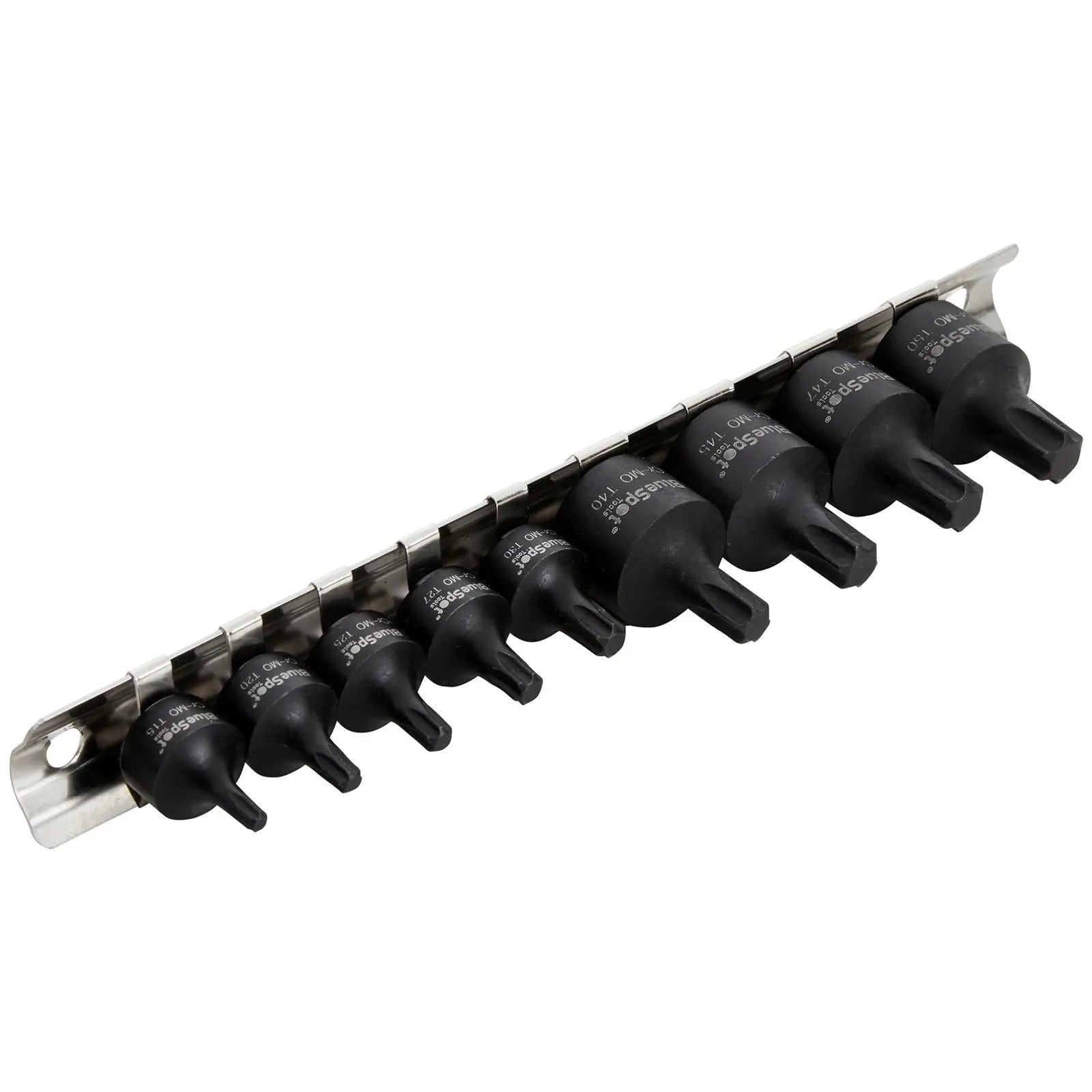 BlueSpot Impact Torx Socket Set 1/4" 3/8" Drive T15-T50 9 Piece on Socket Rail  White Rose Tools
