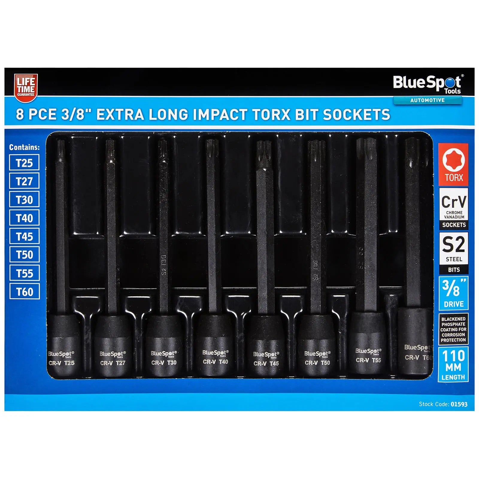 BlueSpot Impact Torx Socket Set Extra Long 110mm 3/8" Drive T25-T60 8 Piece  White Rose Tools