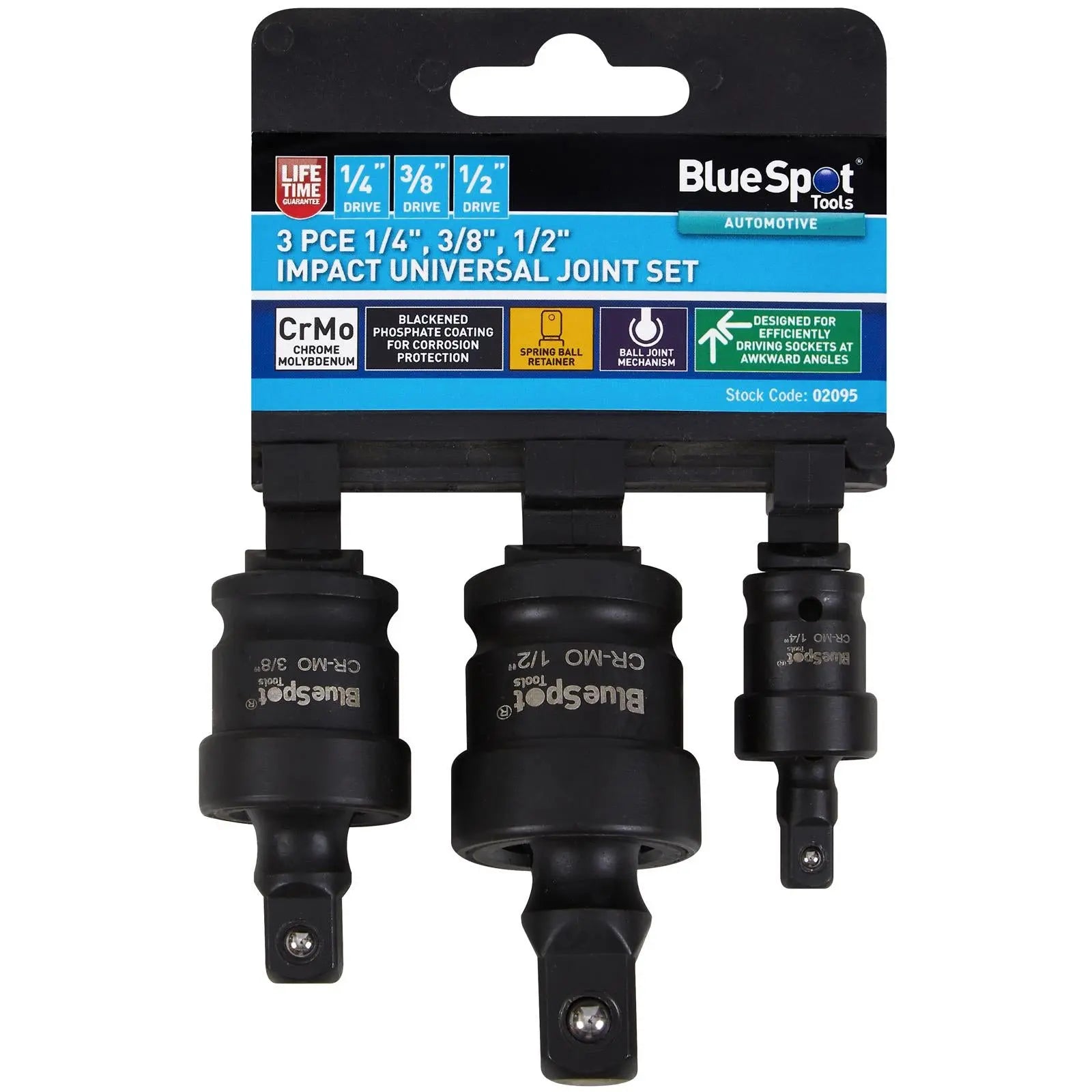BlueSpot Impact Universal Joint Set 1/4" 3/8" 1/2" Drive 3 Piece  White Rose Tools