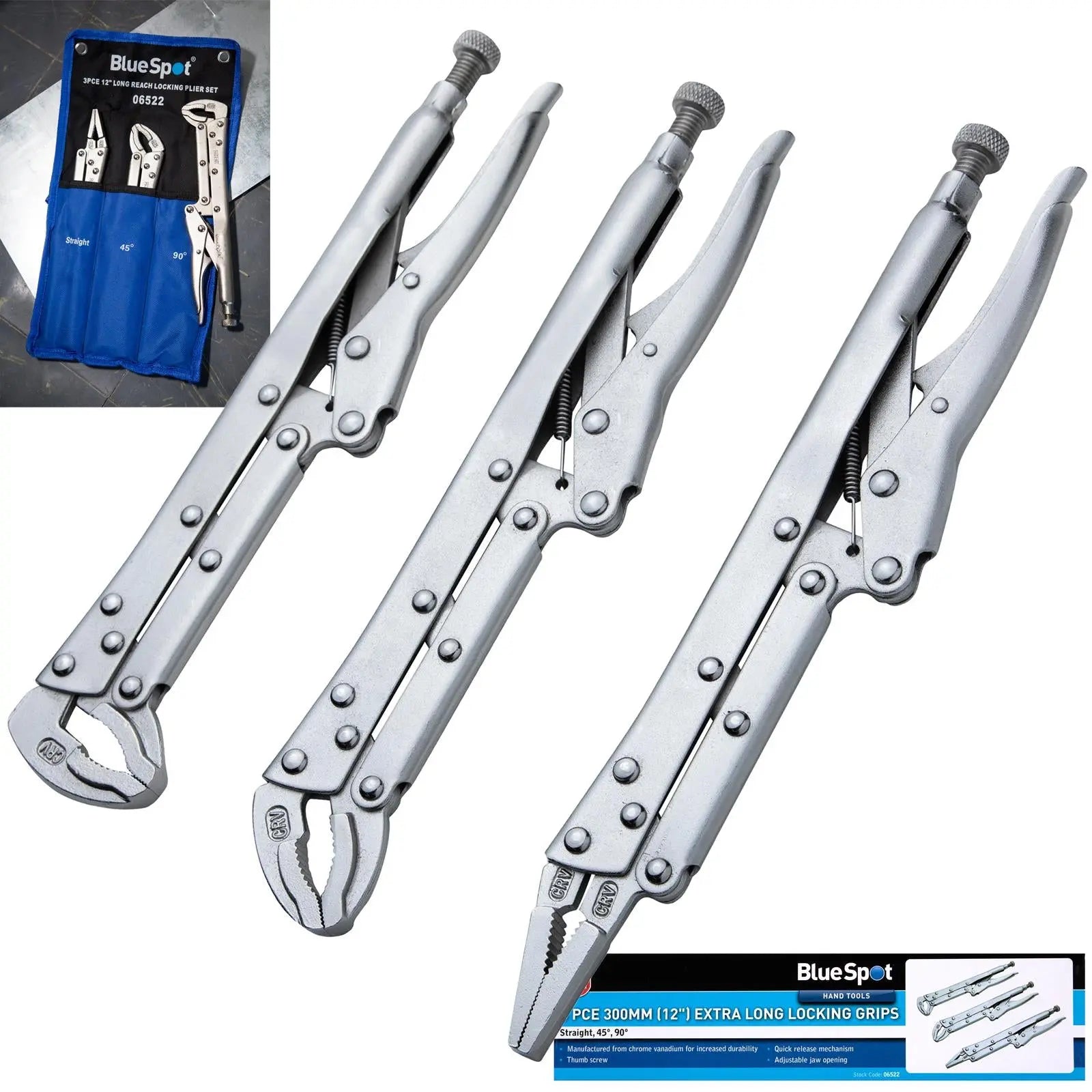 BlueSpot Locking Plier Grips Extra Long 3 Piece 300mm (12") 