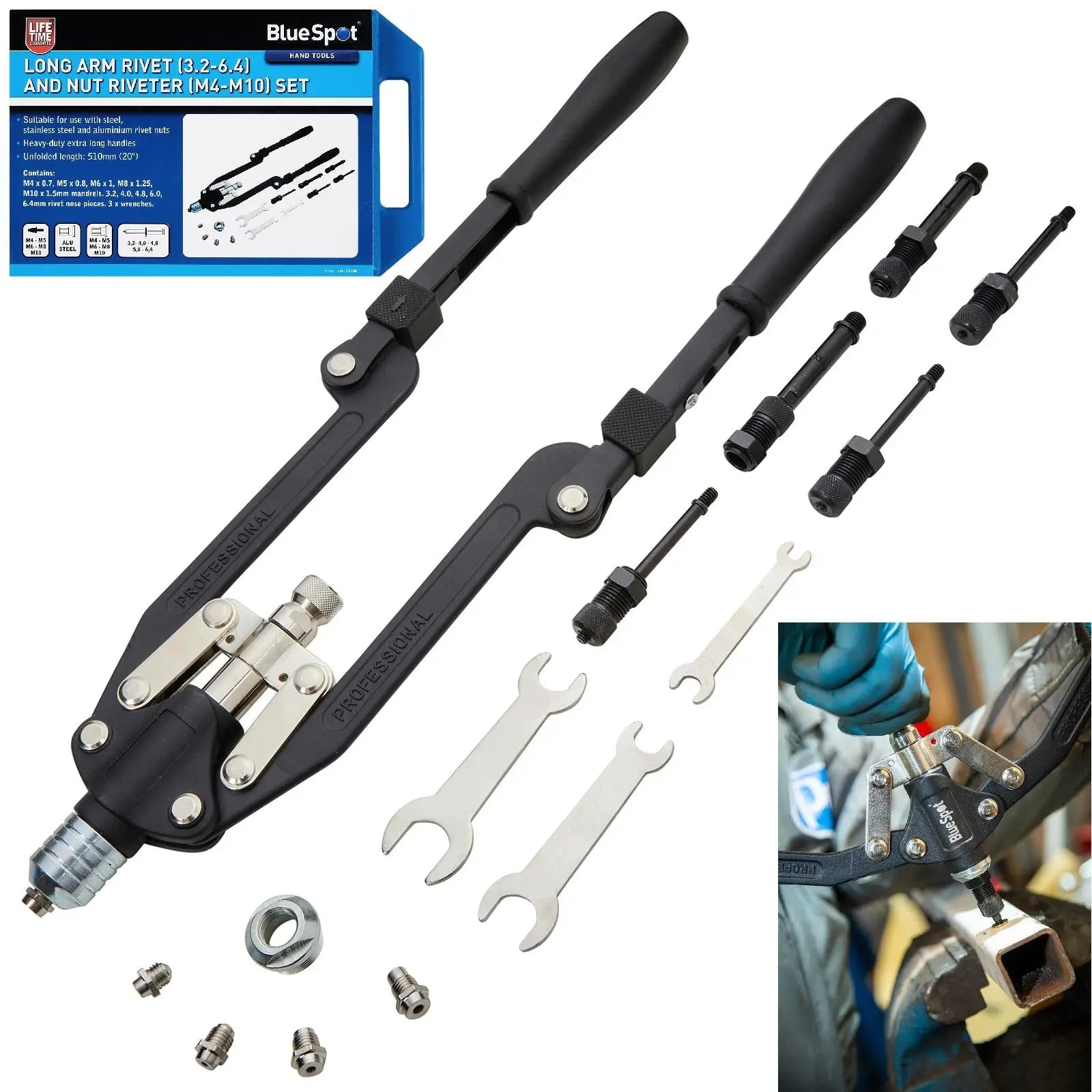 BlueSpot Long Arm Rivet (3.2-6.4) and Nut Riveter (M4-M10) Set 