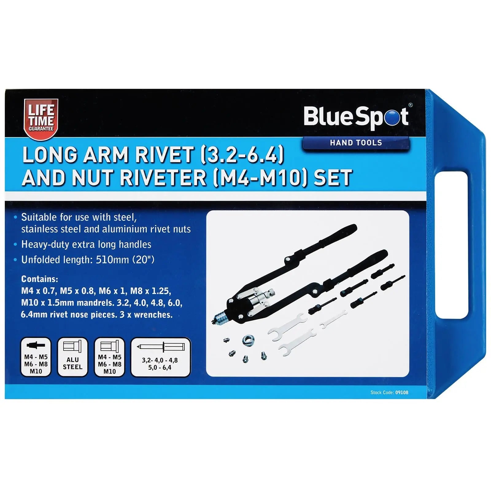 BlueSpot Long Arm Rivet (3.2-6.4) and Nut Riveter (M4-M10) Set 
