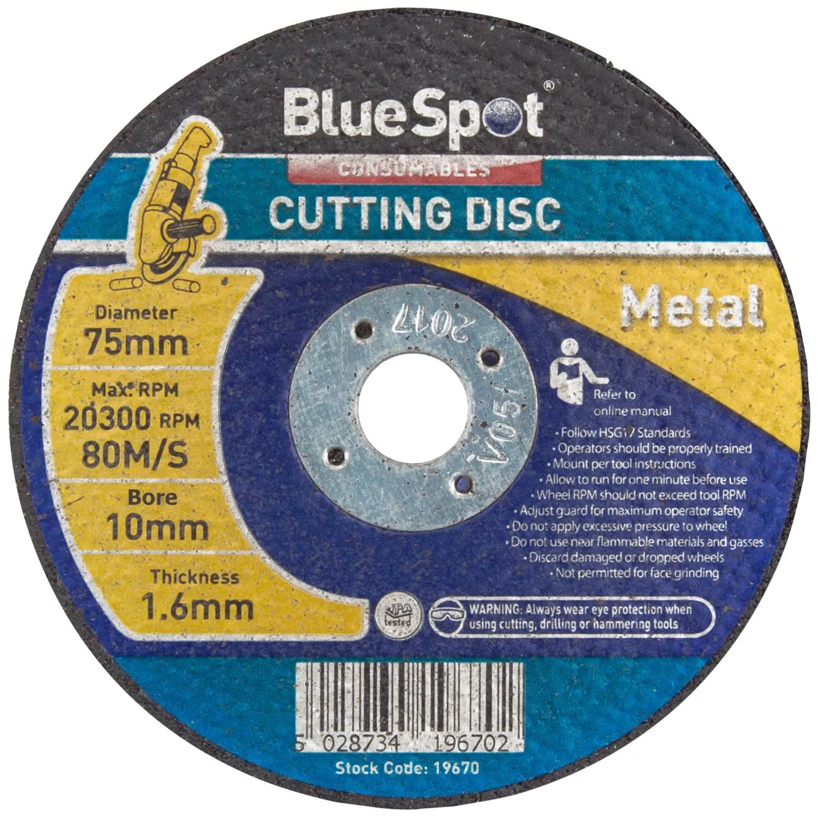 BlueSpot Metal Cutting Disc 75mm x 10mm Bore x 1.6mm Depth  White Rose Tools