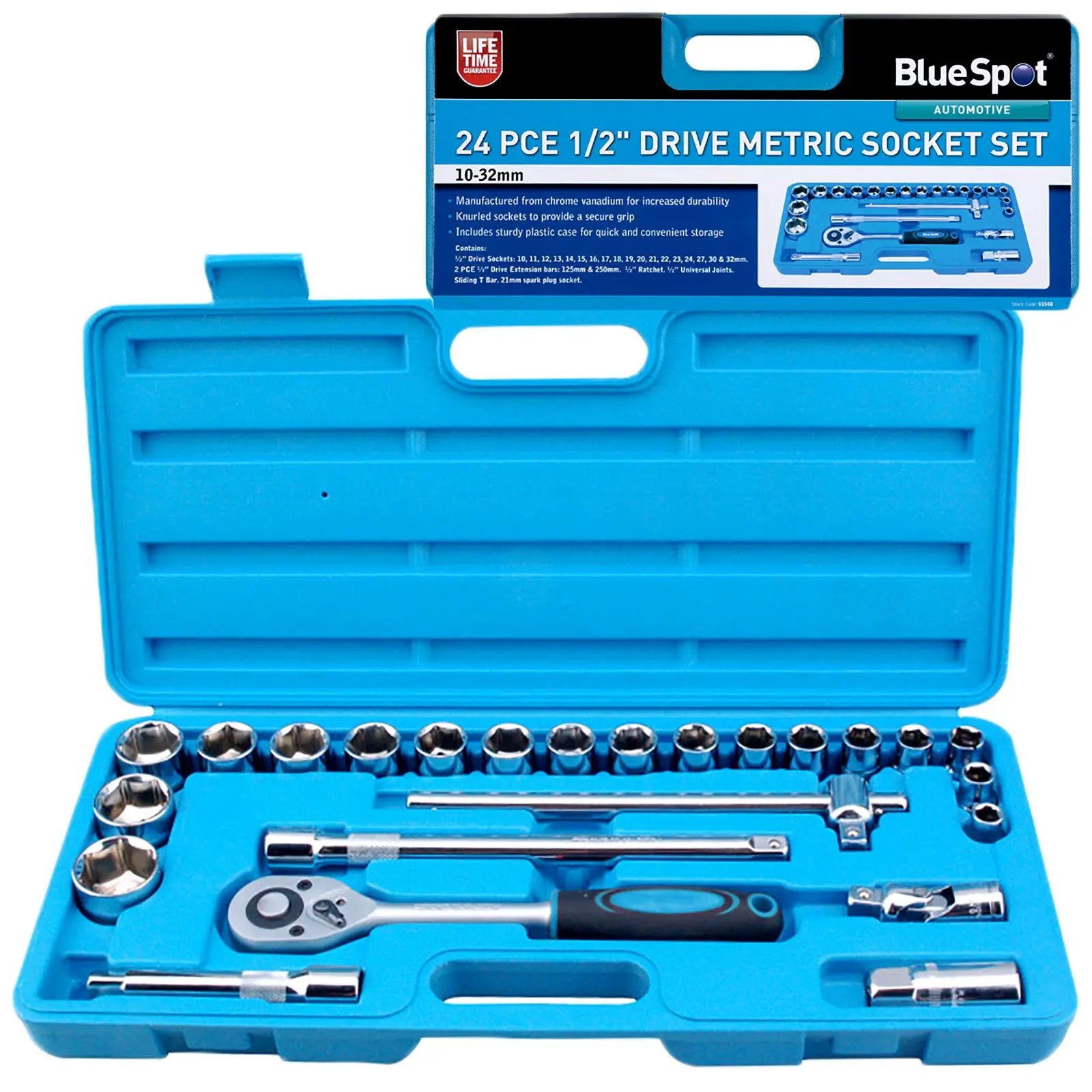 BlueSpot Metric Socket Set 1/2" Drive 24 Piece 10-32mm Plastic Storage Case 