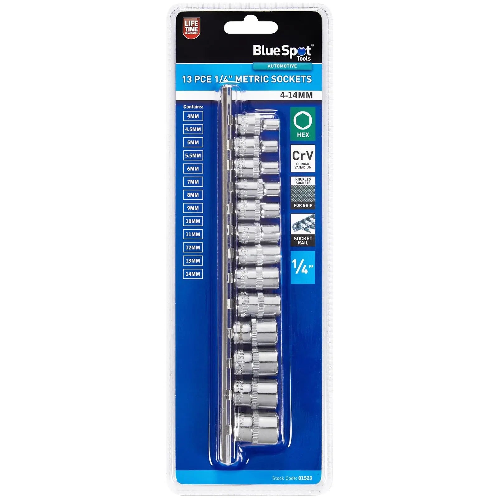 BlueSpot Metric Socket Set 1/4" Drive on Socket Rail 4-14mm 13 Piece  White Rose Tools