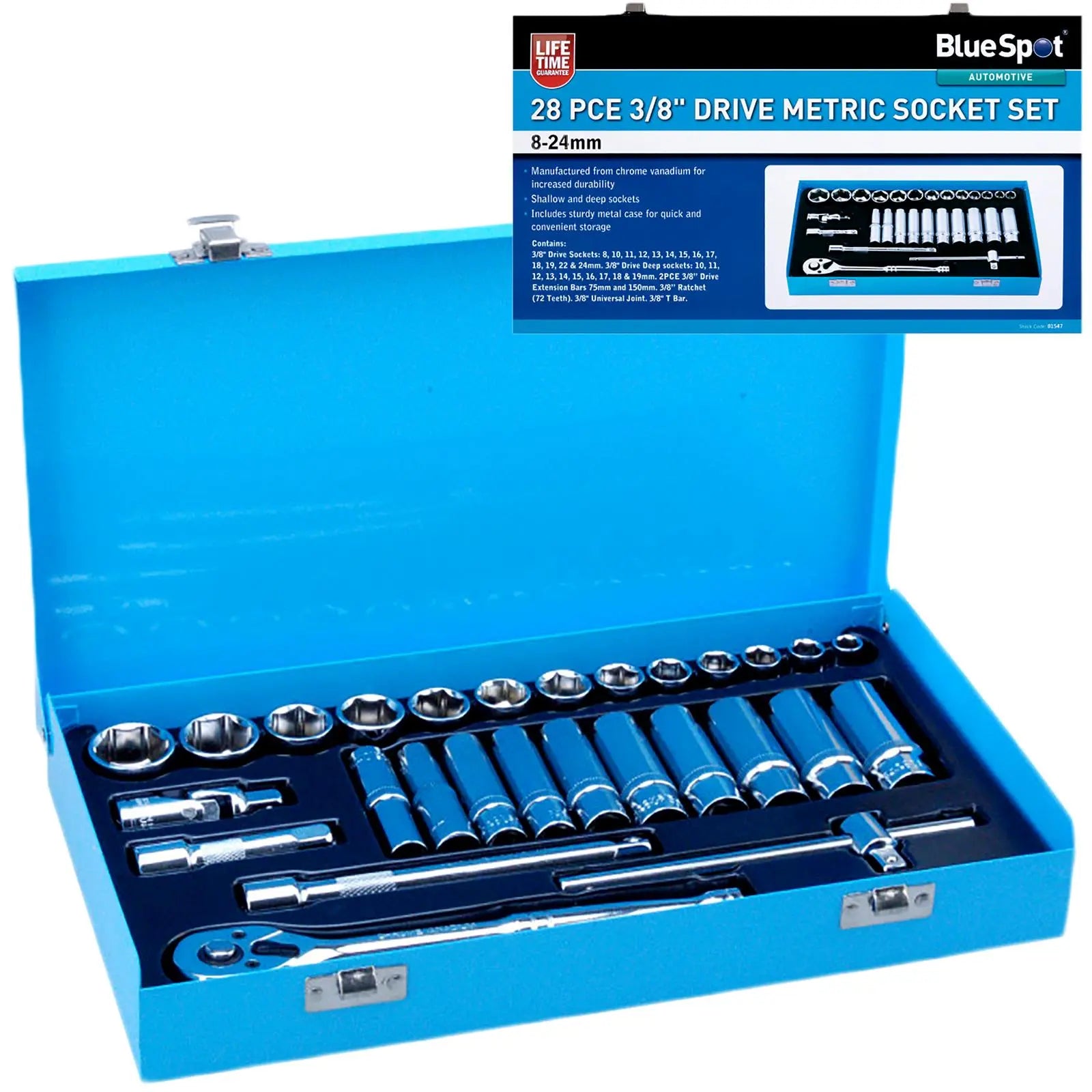 BlueSpot Metric Socket Set 3/8" Drive 28 Piece 8-24mm Metal Storage Case 