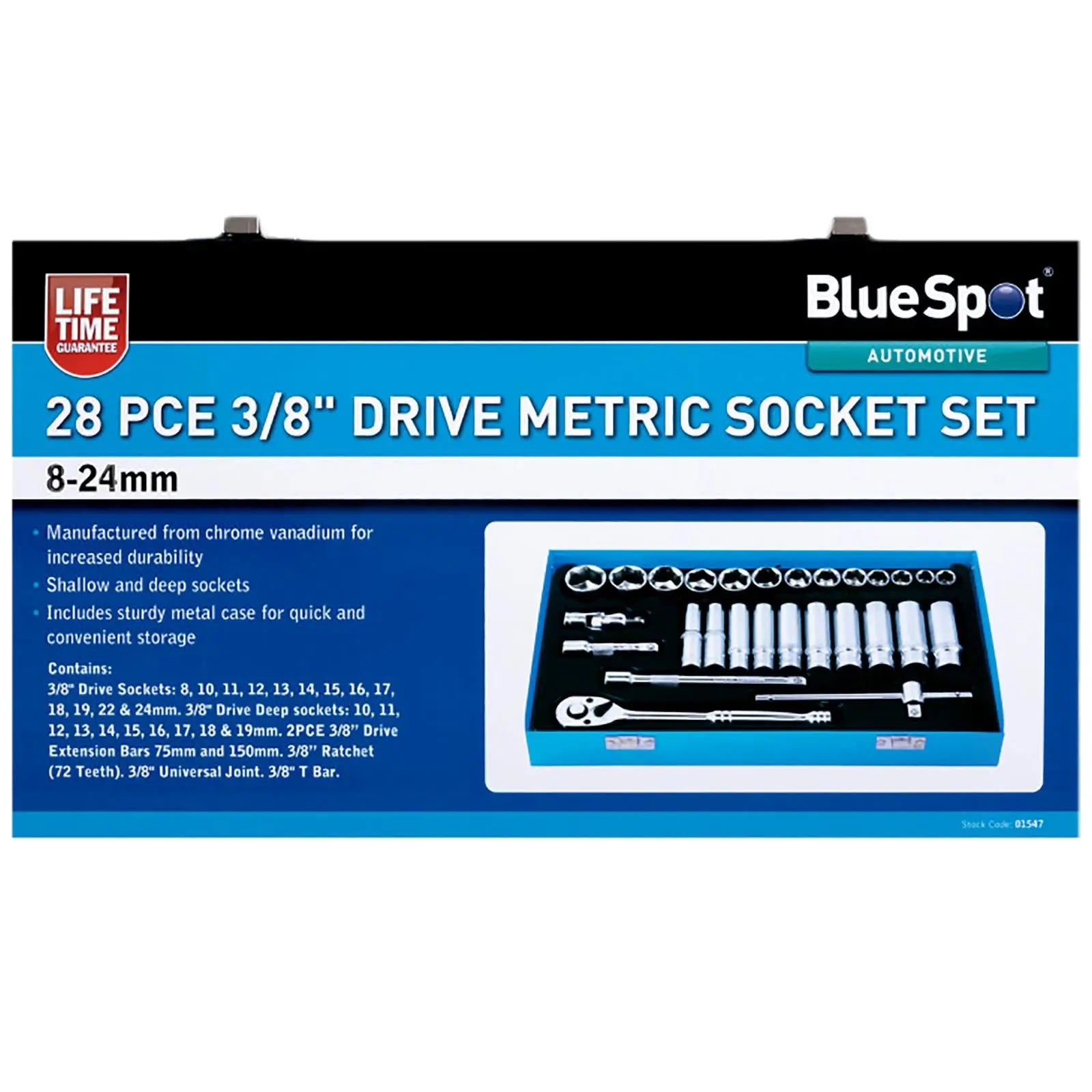 BlueSpot Metric Socket Set 3/8" Drive 28 Piece 8-24mm Metal Storage Case 