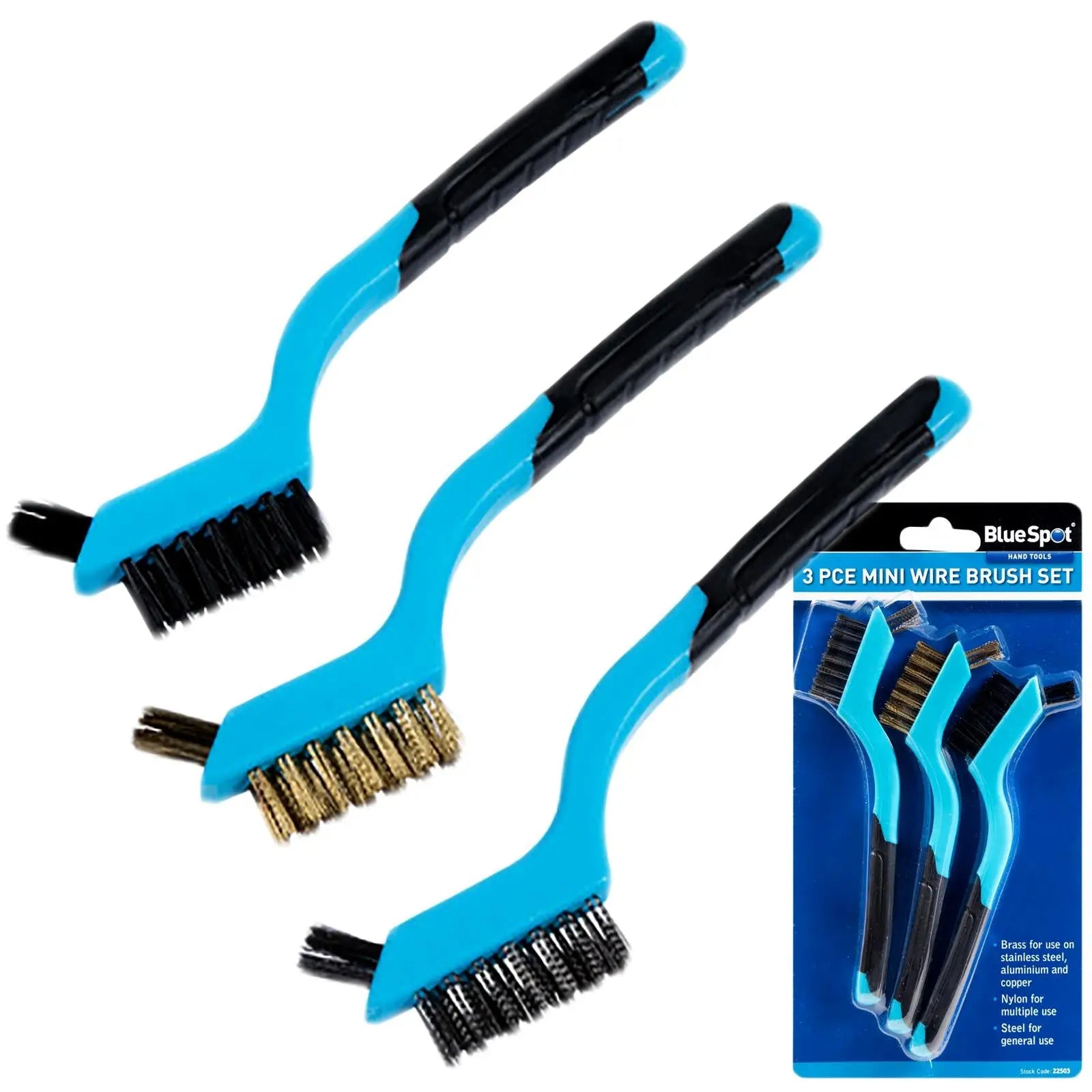 BlueSpot Mini Wire Brush Set 3 Piece Brass Nylon Steel Heads 