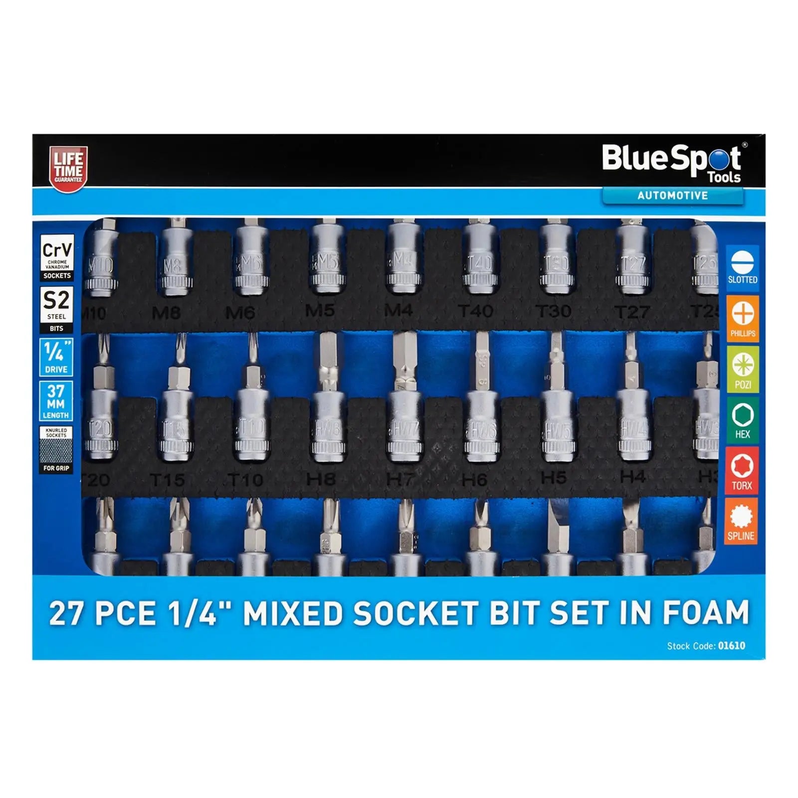 BlueSpot Mixed Socket Bit Set EVA Foam Tray 1/4" 27 Piece  White Rose Tools