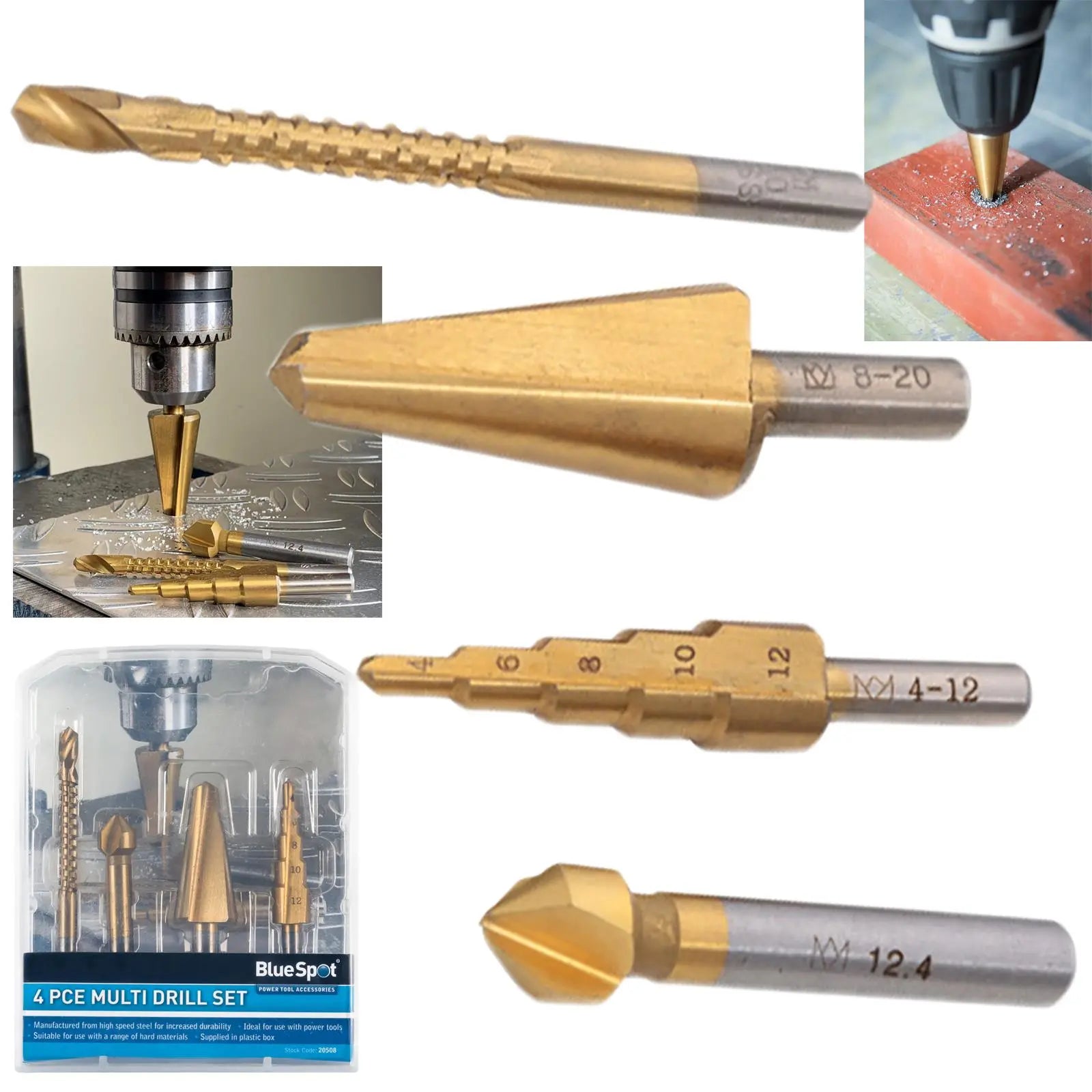 BlueSpot Multi Drill Set 4 Piece Countersink Step Taper Saw Bits 