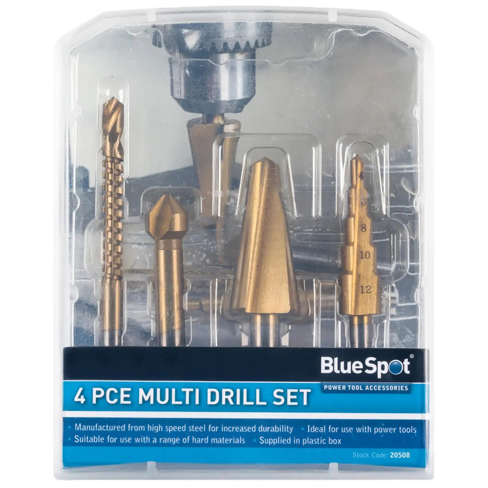 BlueSpot Multi Drill Set 4 Piece Countersink Step Taper Saw Bits 