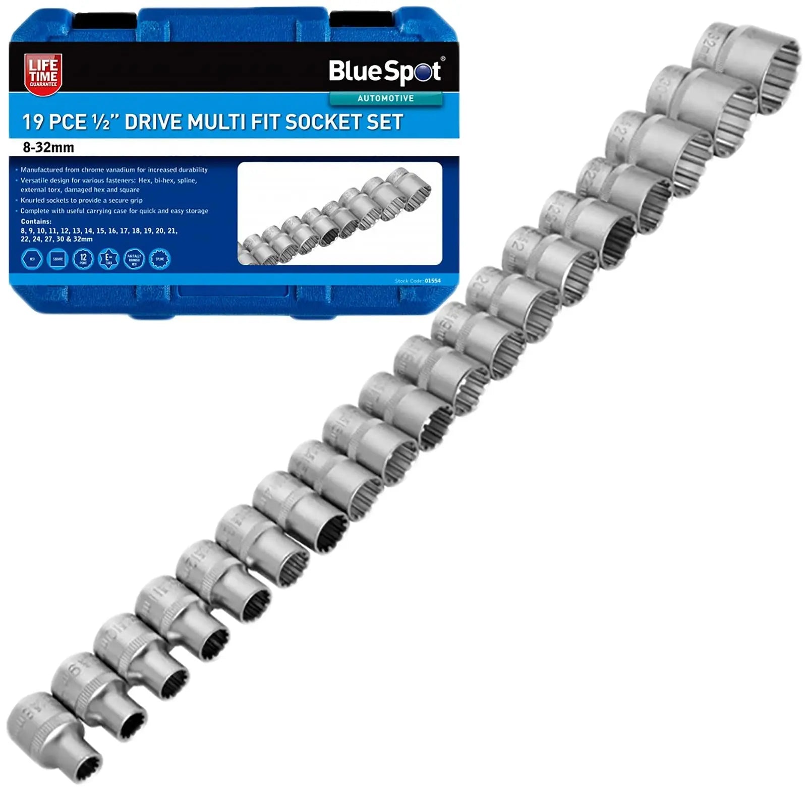 BlueSpot Multi Fit Socket Set 1/2" Drive 19 Piece 8-32mm in Storage Case 