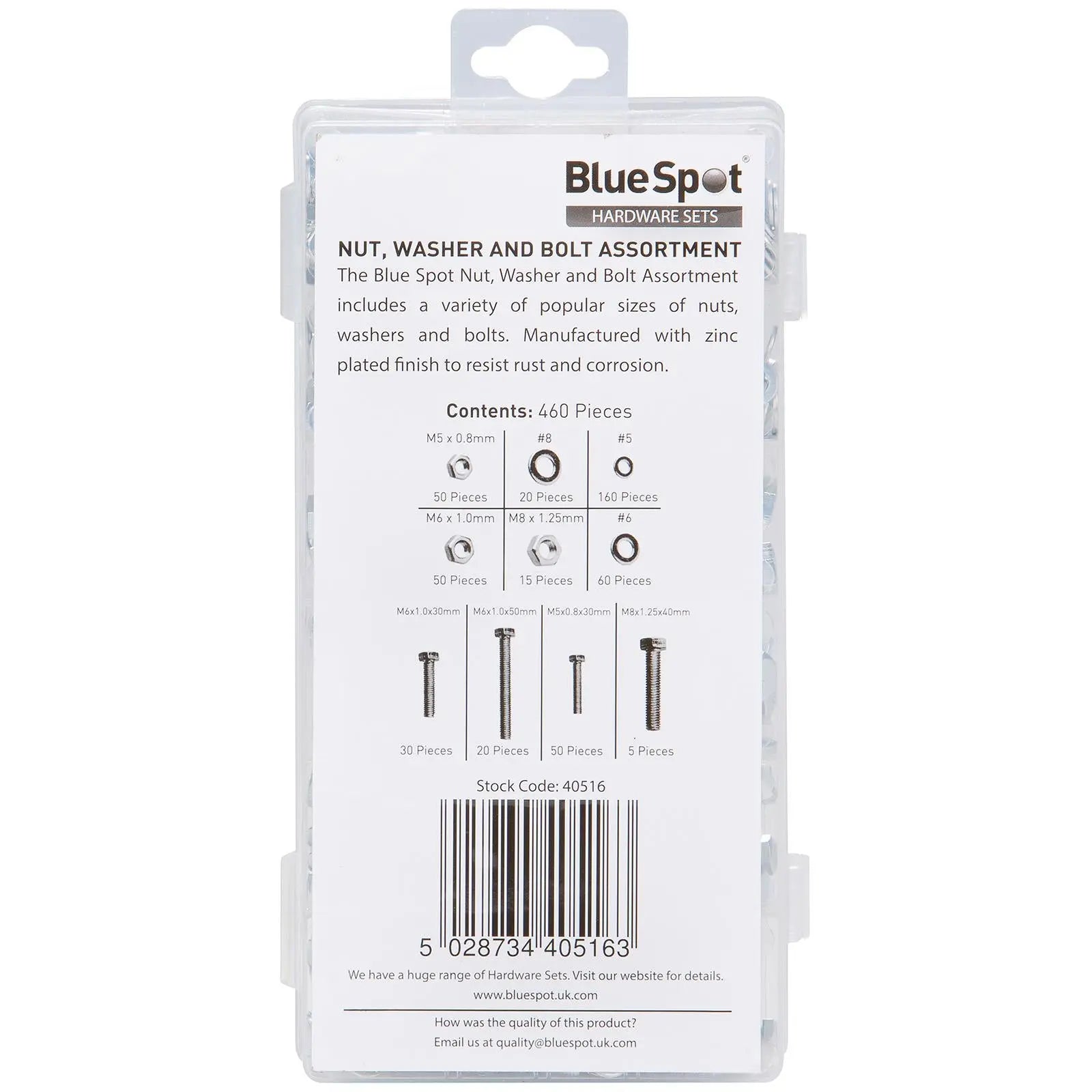 BlueSpot Nut Washer and Bolt Set Assorment Box 460 Piece M5-M8  White Rose Tools