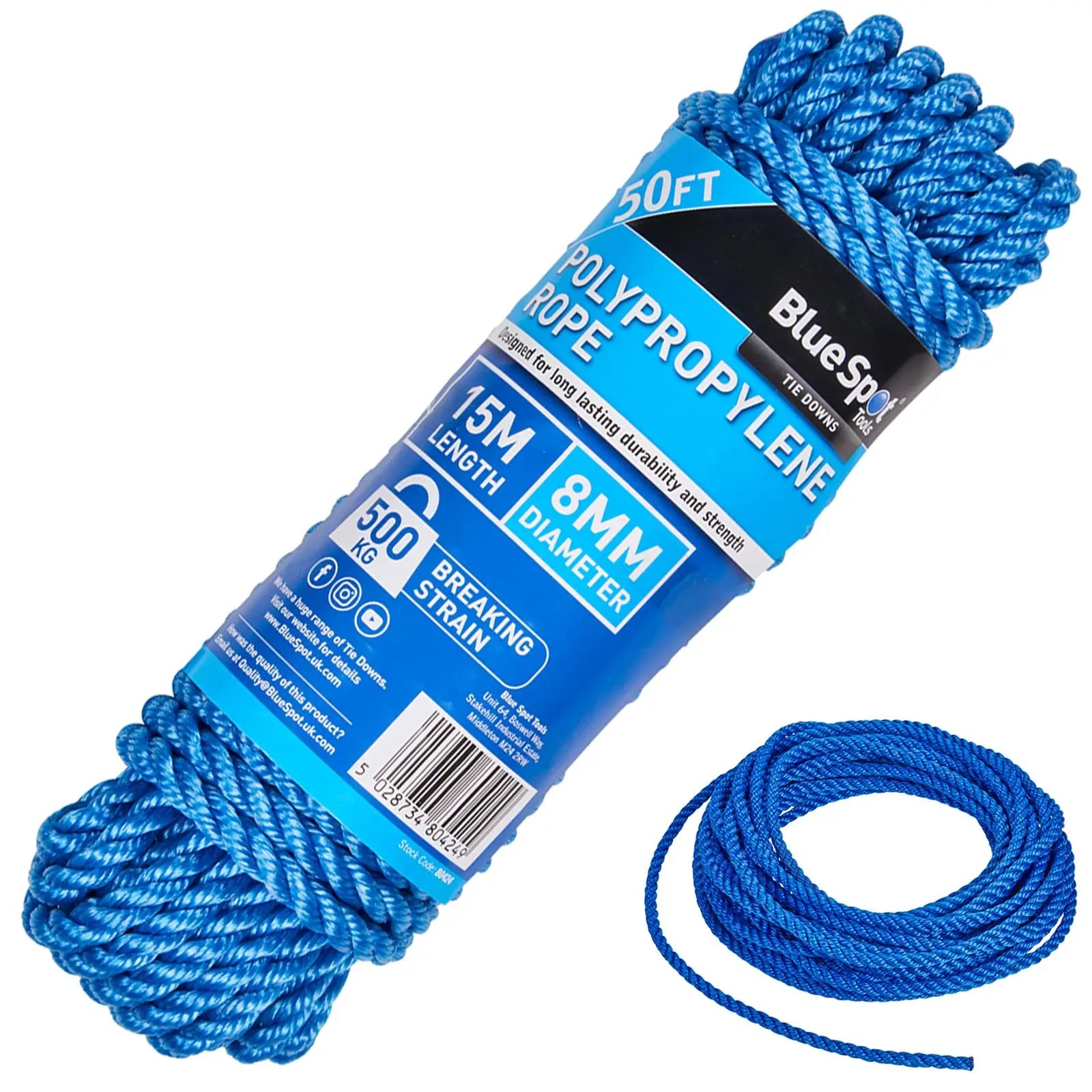 BlueSpot Polypropylene Rope Blue 15m x 8mm 50ft 