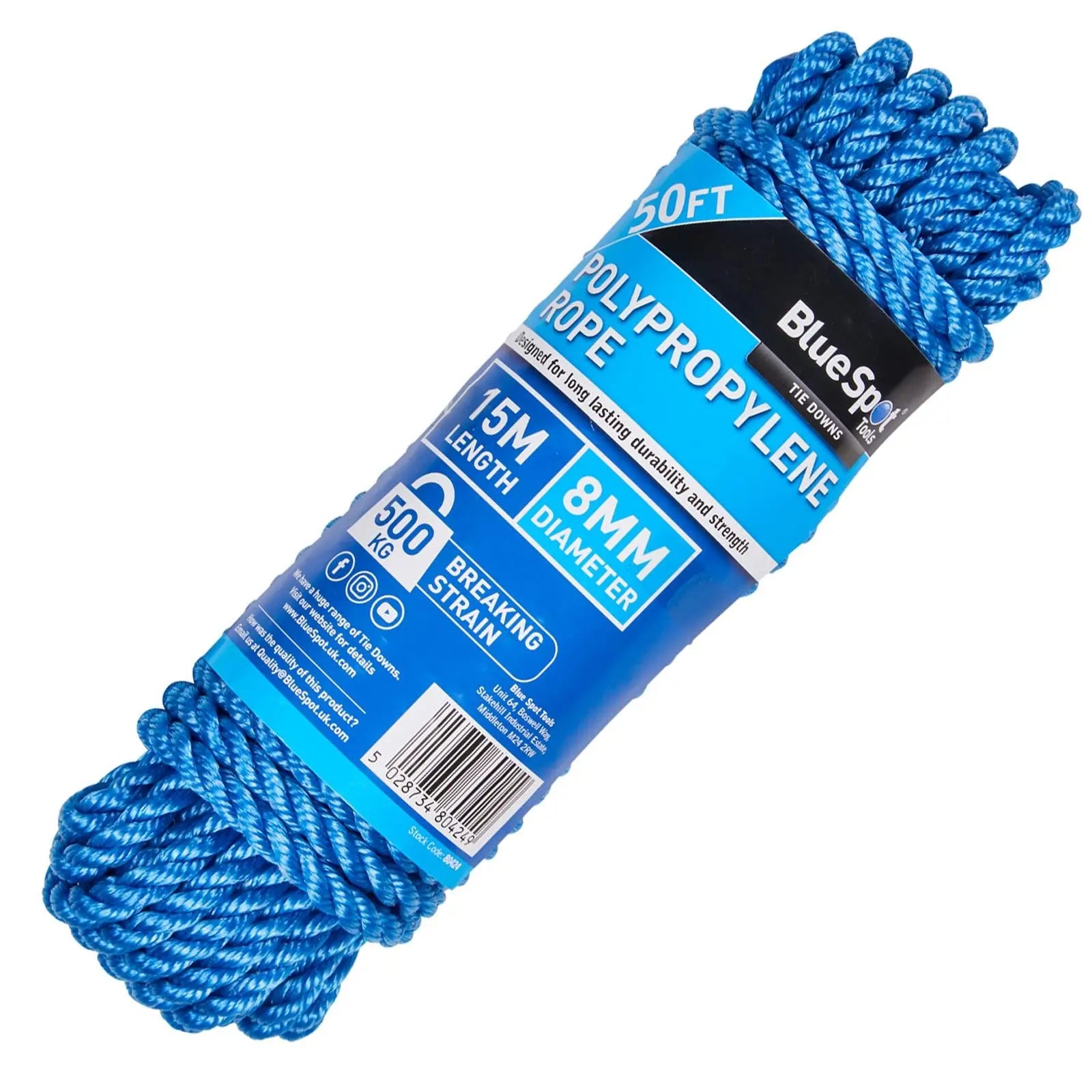 BlueSpot Polypropylene Rope Blue 15m x 8mm 50ft 