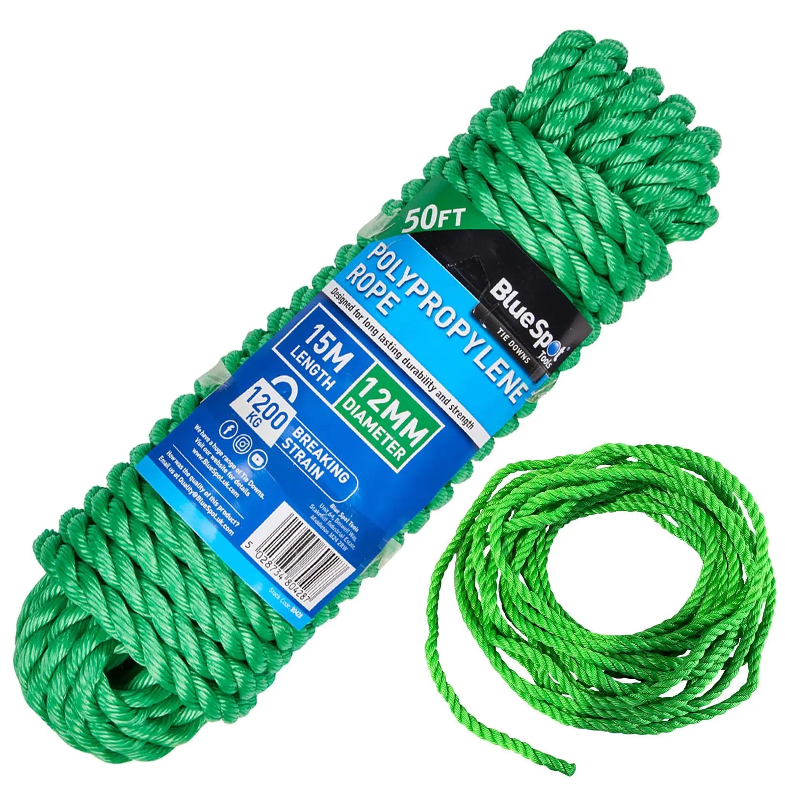 BlueSpot Polypropylene Rope Green 15m x 12mm 50ft 