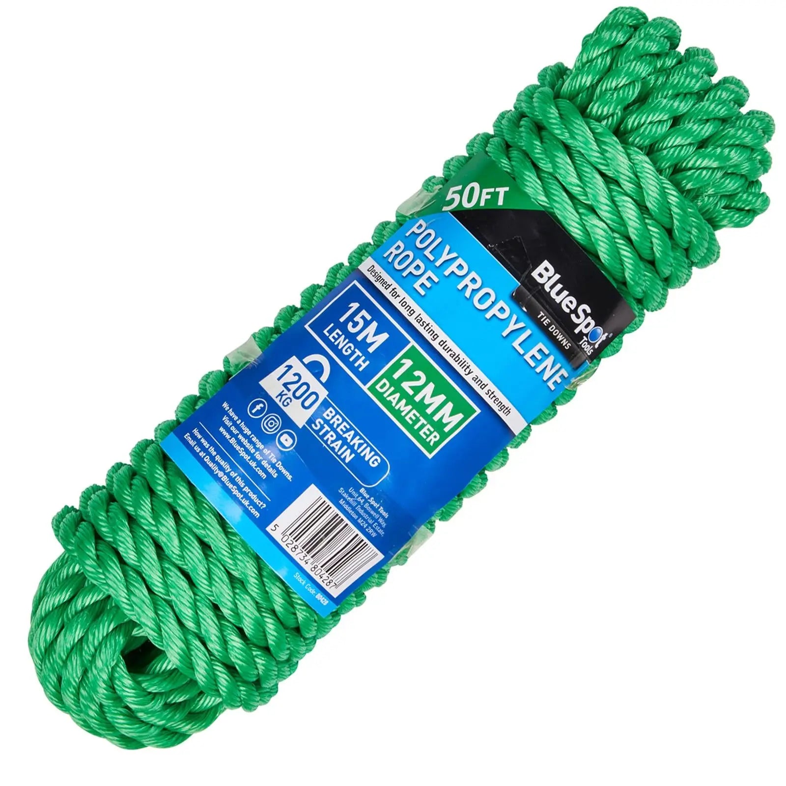 BlueSpot Polypropylene Rope Green 15m x 12mm 50ft 
