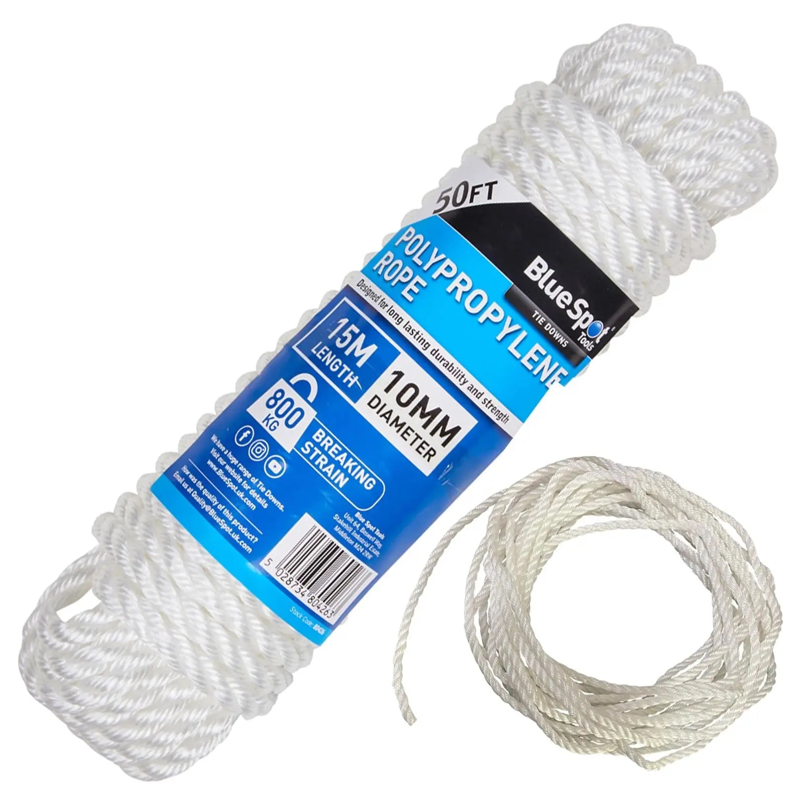 BlueSpot Polypropylene Rope White 15m x 10mm 50ft  White Rose Tools