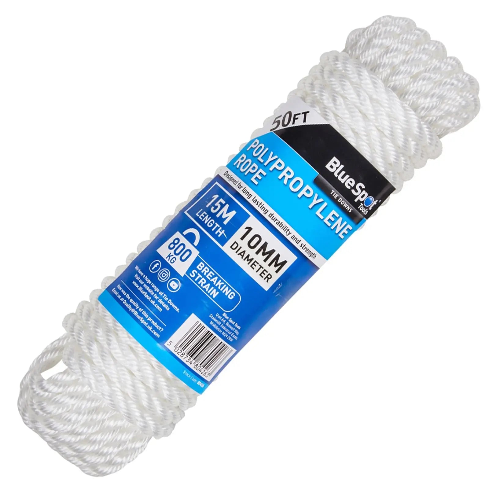 BlueSpot Polypropylene Rope White 15m x 10mm 50ft 