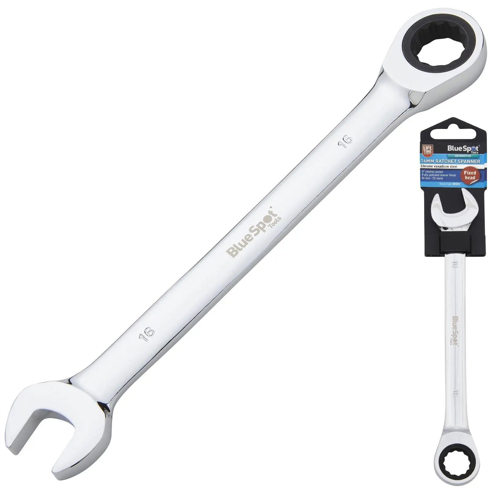 BlueSpot Ratchet Combination Spanner Fixed Head Chrome Vanadium 16mm 