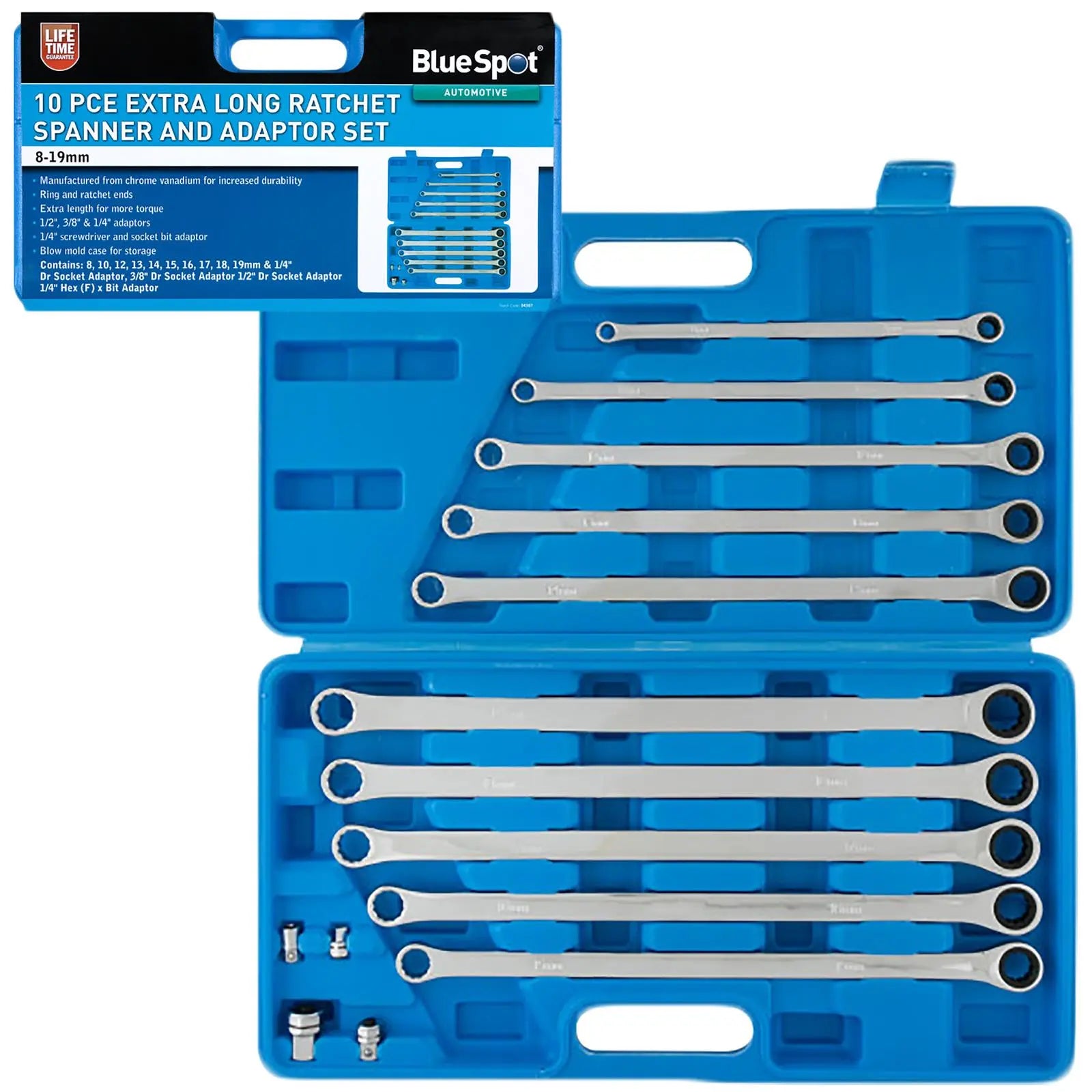 BlueSpot Ratchet Ring Spanner and Adaptor Set Extra Long 8-19mm 10 Piece 